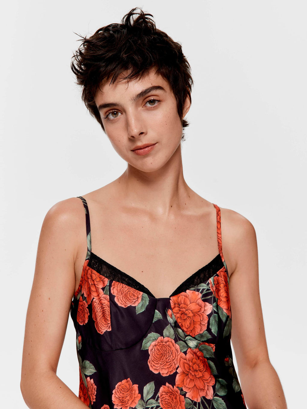 Rose Lace Trim Satin Slip Nightie Multi