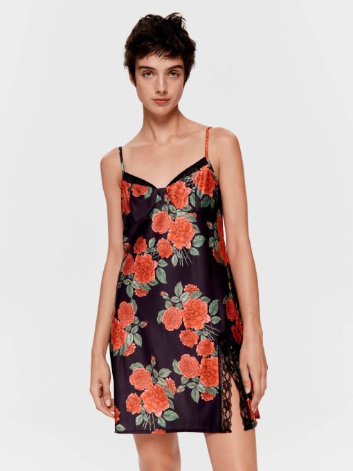 Rose Lace Trim Satin Slip Nightie Multi