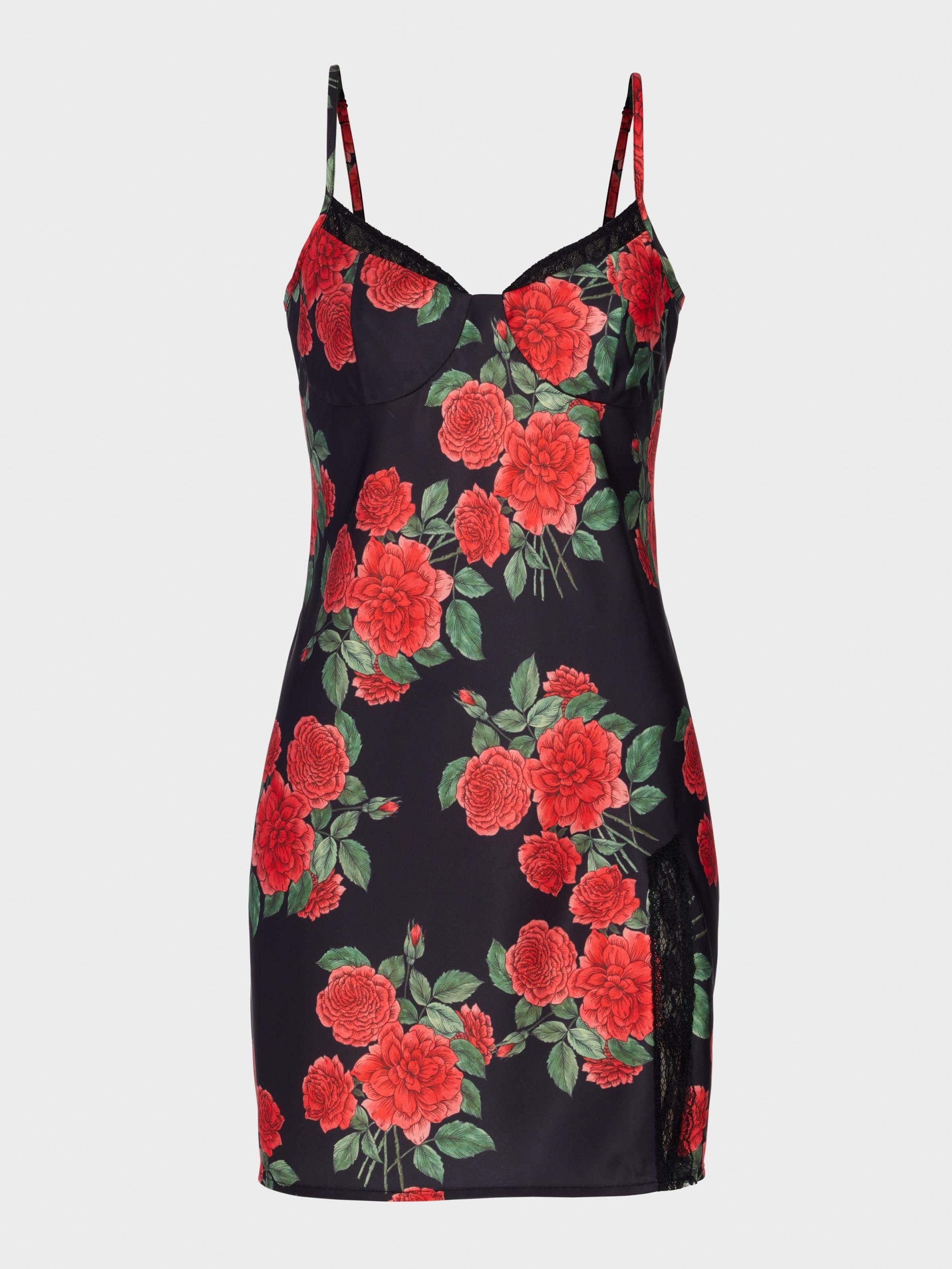 Rose Lace Trim Satin Slip Nightie Multi