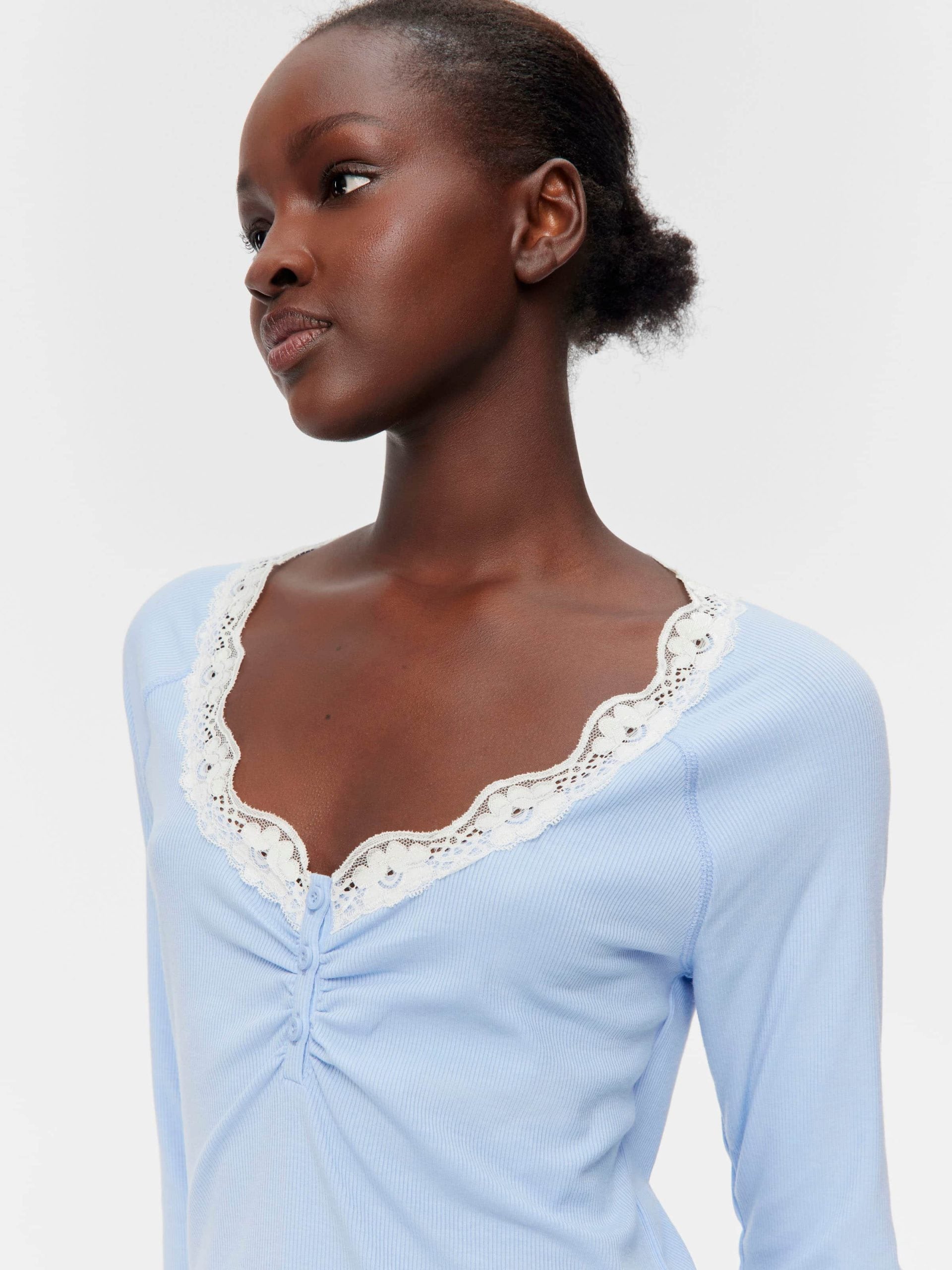 Bamboo Rib Long Sleeve Lace Trim Nightie Blue