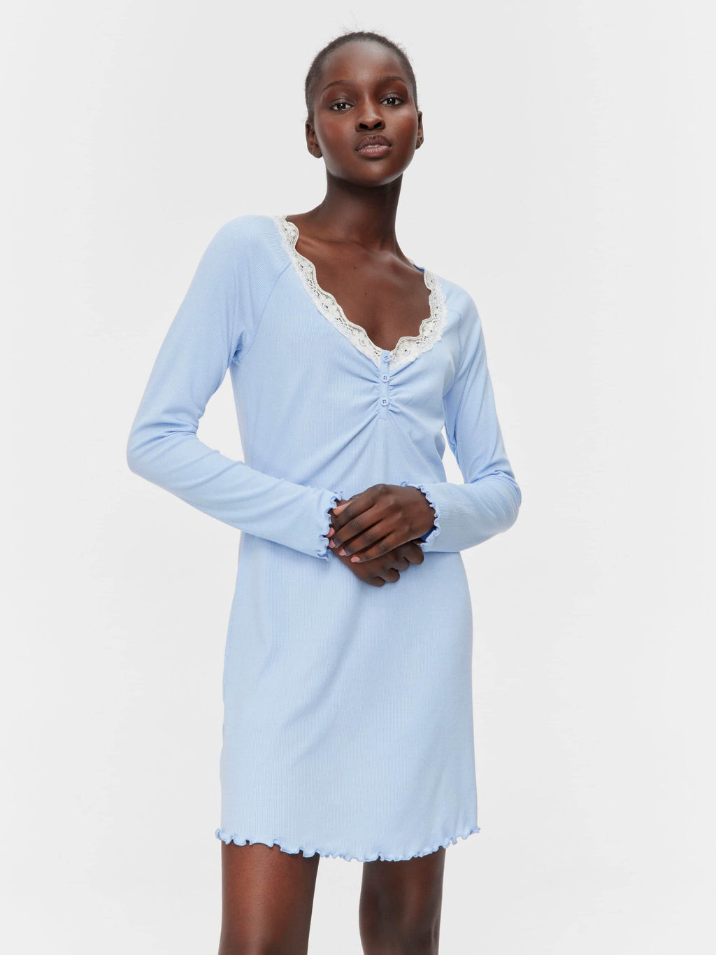 Bamboo Rib Long Sleeve Lace Trim Nightie Blue