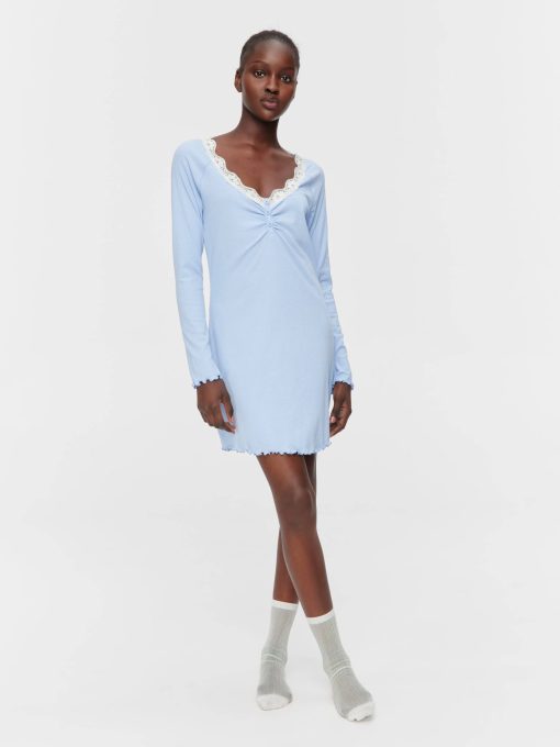 Bamboo Rib Long Sleeve Lace Trim Nightie Blue