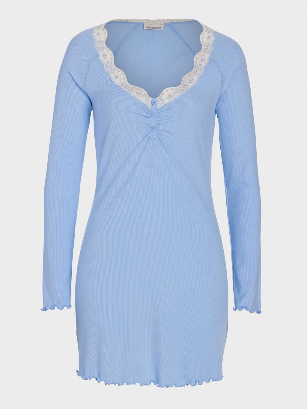 Bamboo Rib Long Sleeve Lace Trim Nightie Blue