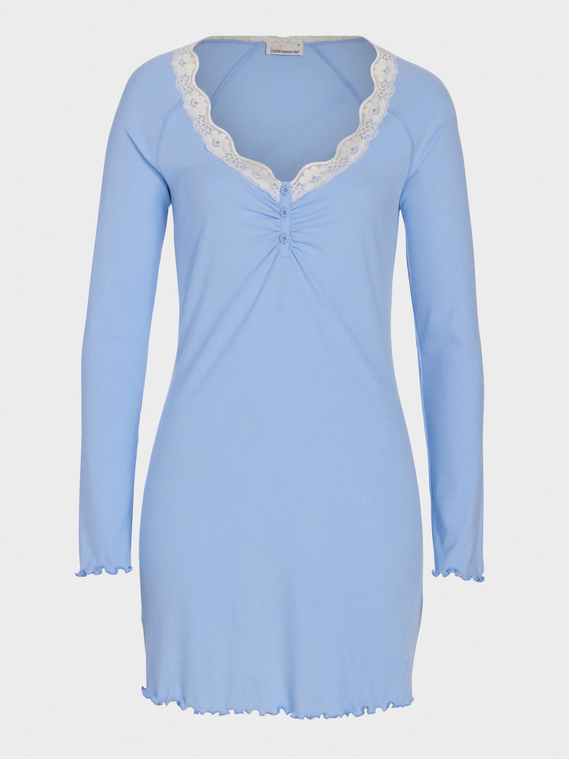 Bamboo Rib Long Sleeve Lace Trim Nightie Blue