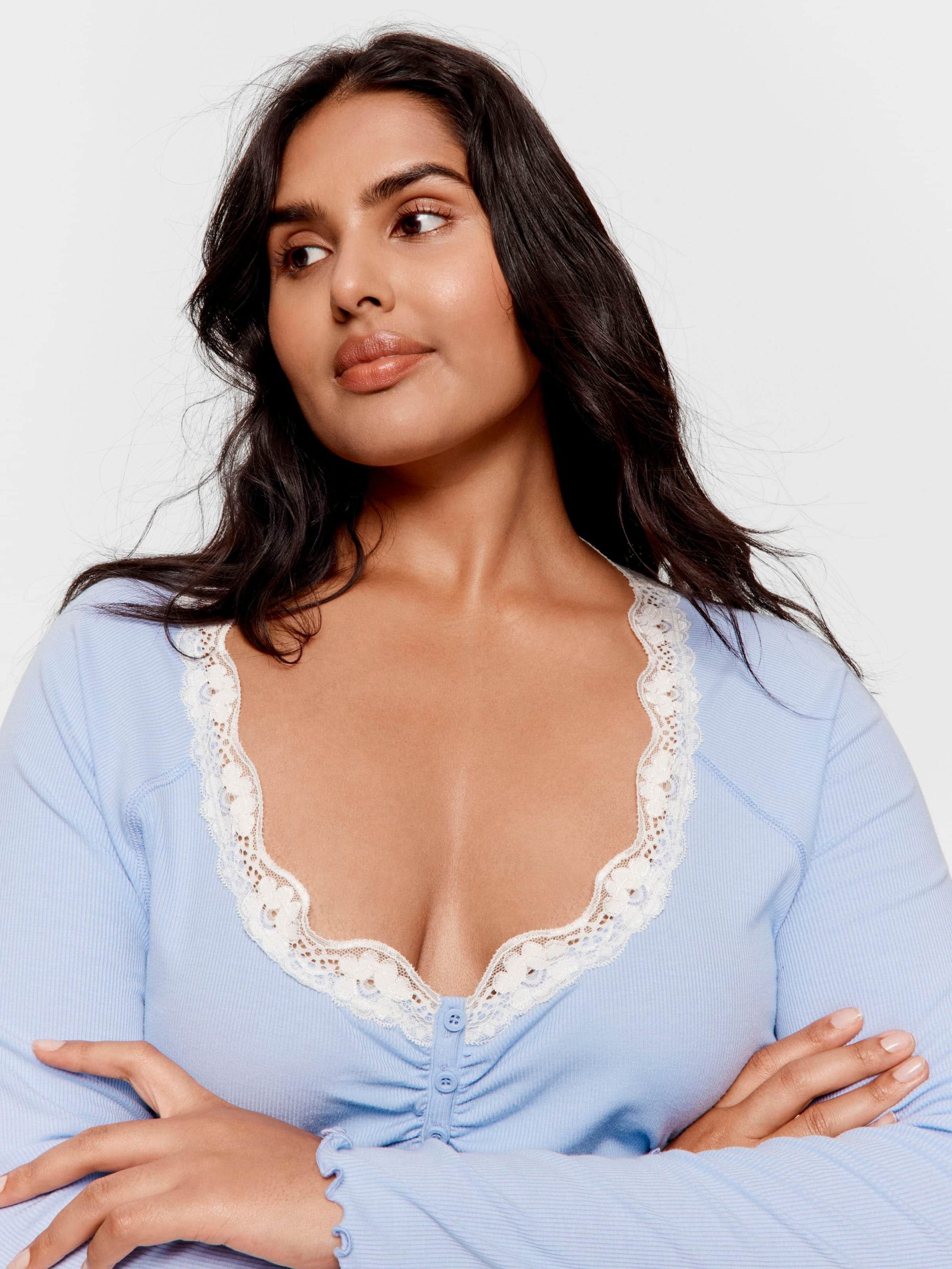 P.A. Plus Bamboo Rib Long Sleeve Lace Trim Nightie Blue