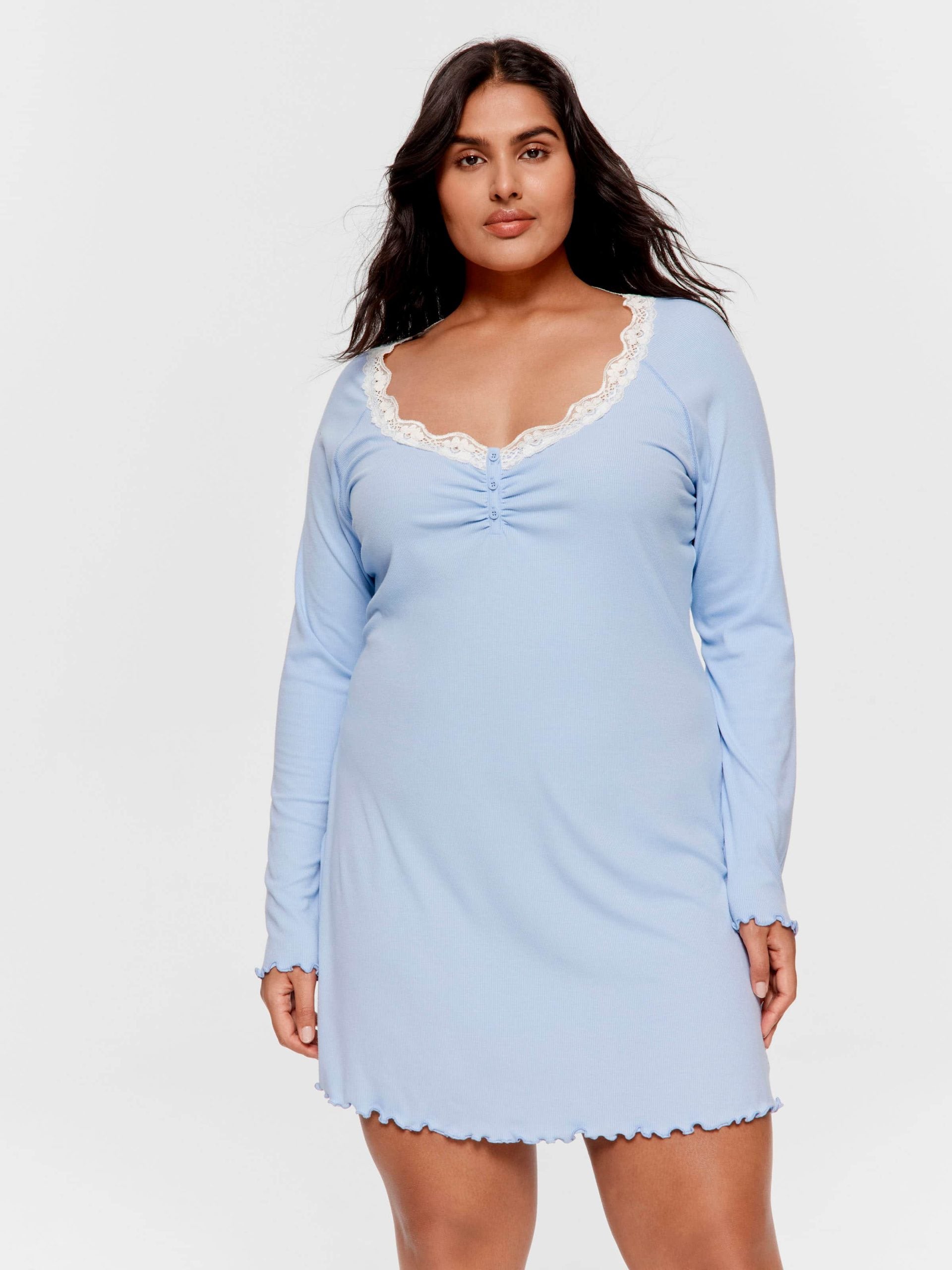 P.A. Plus Bamboo Rib Long Sleeve Lace Trim Nightie Blue