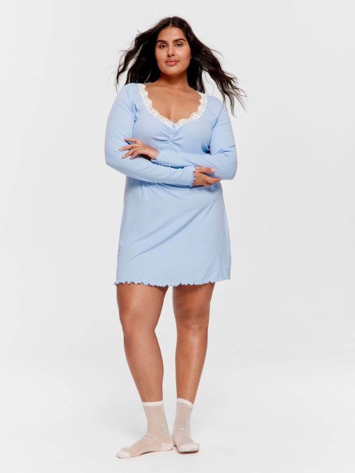 P.A. Plus Bamboo Rib Long Sleeve Lace Trim Nightie Blue