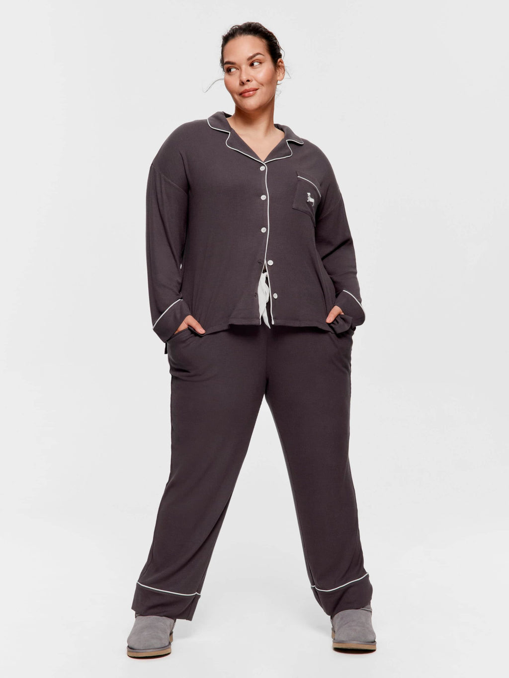 P.A. Plus Charcoal Bamboo Rib Long Pj Set Charcoal