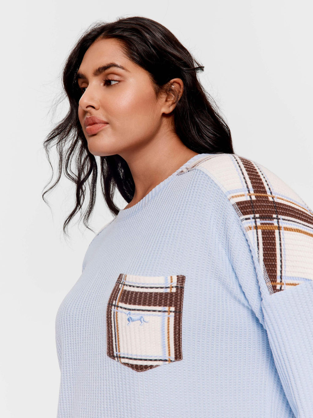 P.A. Plus Brushed Waffle Check Oversized Long Sleeve Top Blue