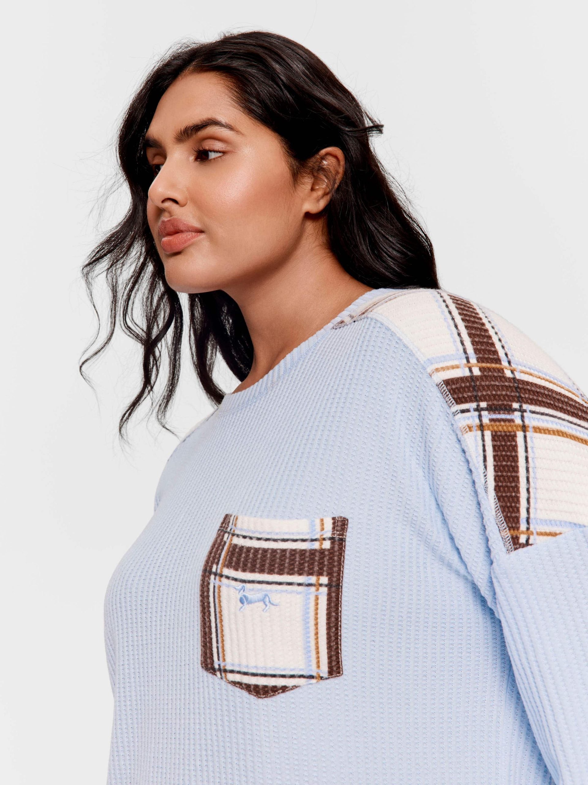 P.A. Plus Brushed Waffle Check Oversized Long Sleeve Top Blue