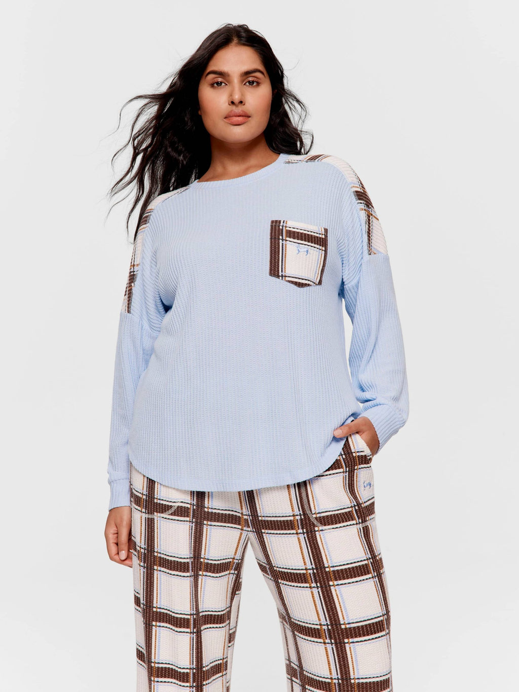 P.A. Plus Brushed Waffle Check Oversized Long Sleeve Top Blue