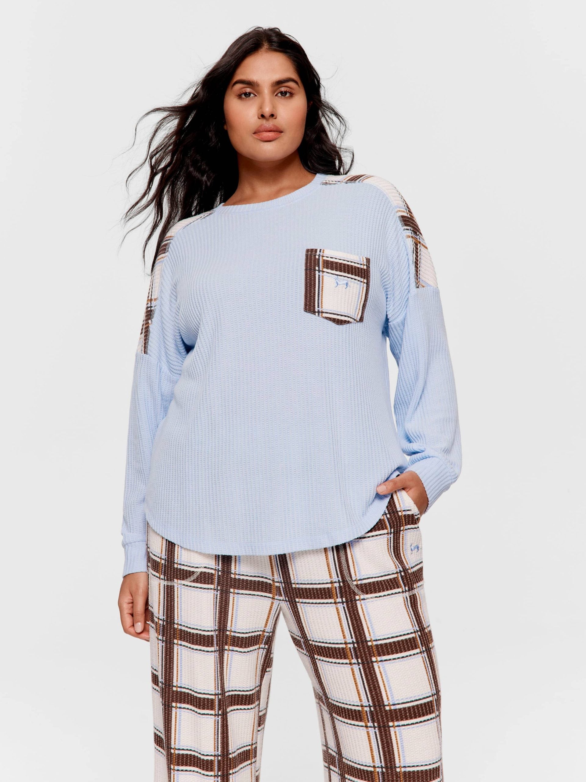 P.A. Plus Brushed Waffle Check Oversized Long Sleeve Top Blue