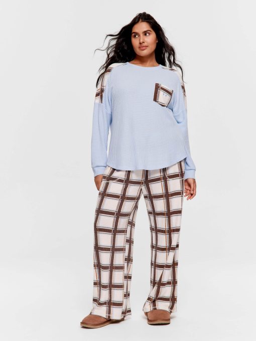 P.A. Plus Brushed Waffle Check Oversized Long Sleeve Top Blue