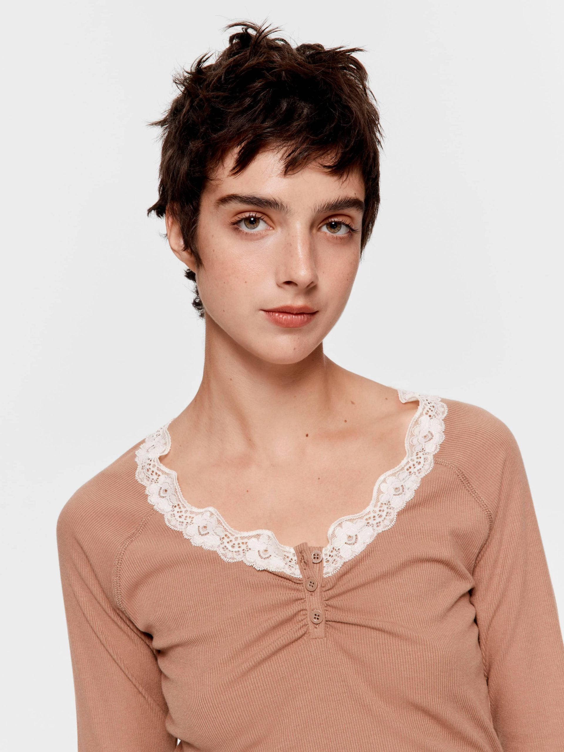 Brown Lace Trim Bamboo Rib Henley Long Sleeve Top Brown