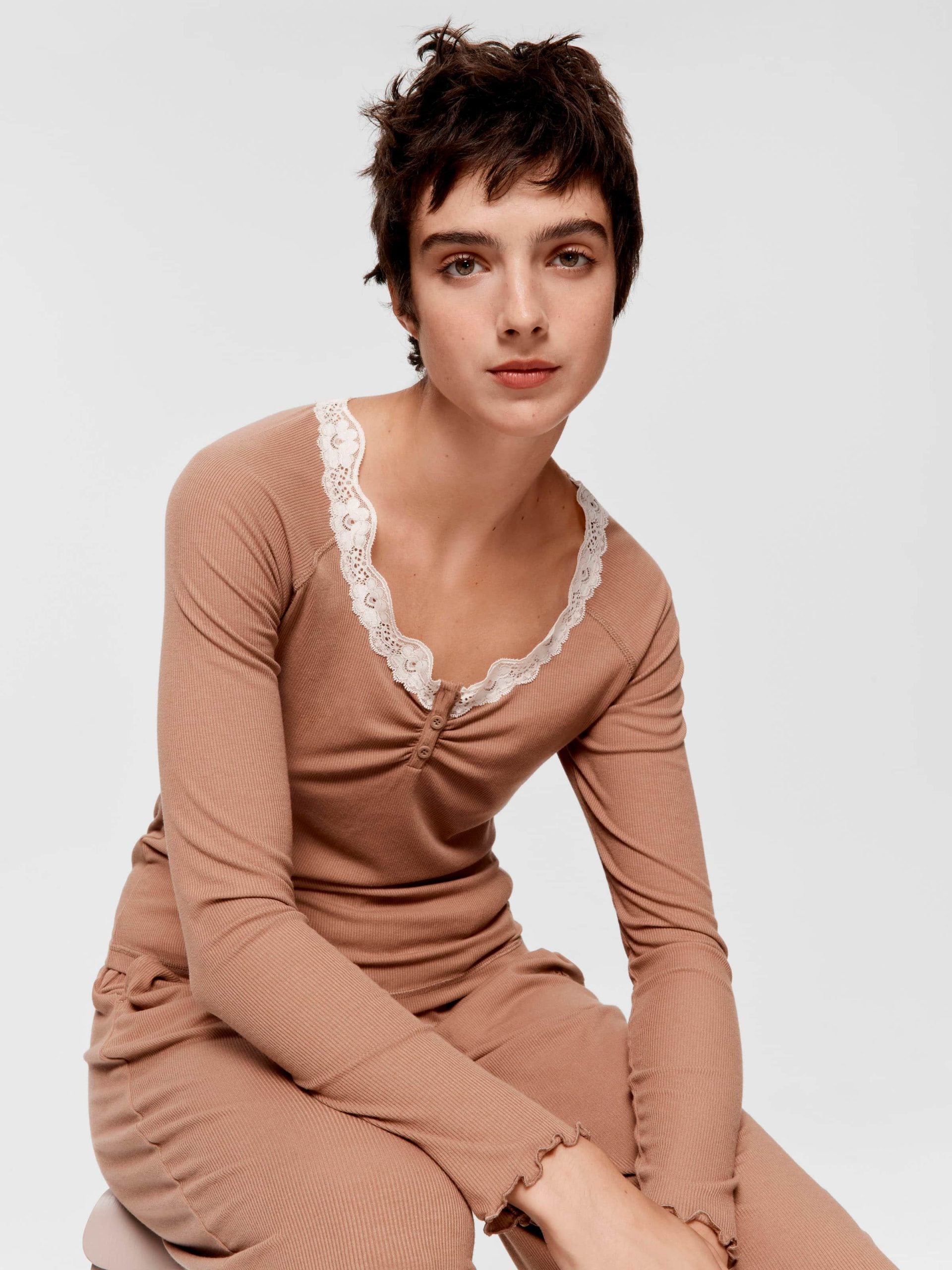 Brown Lace Trim Bamboo Rib Henley Long Sleeve Top Brown