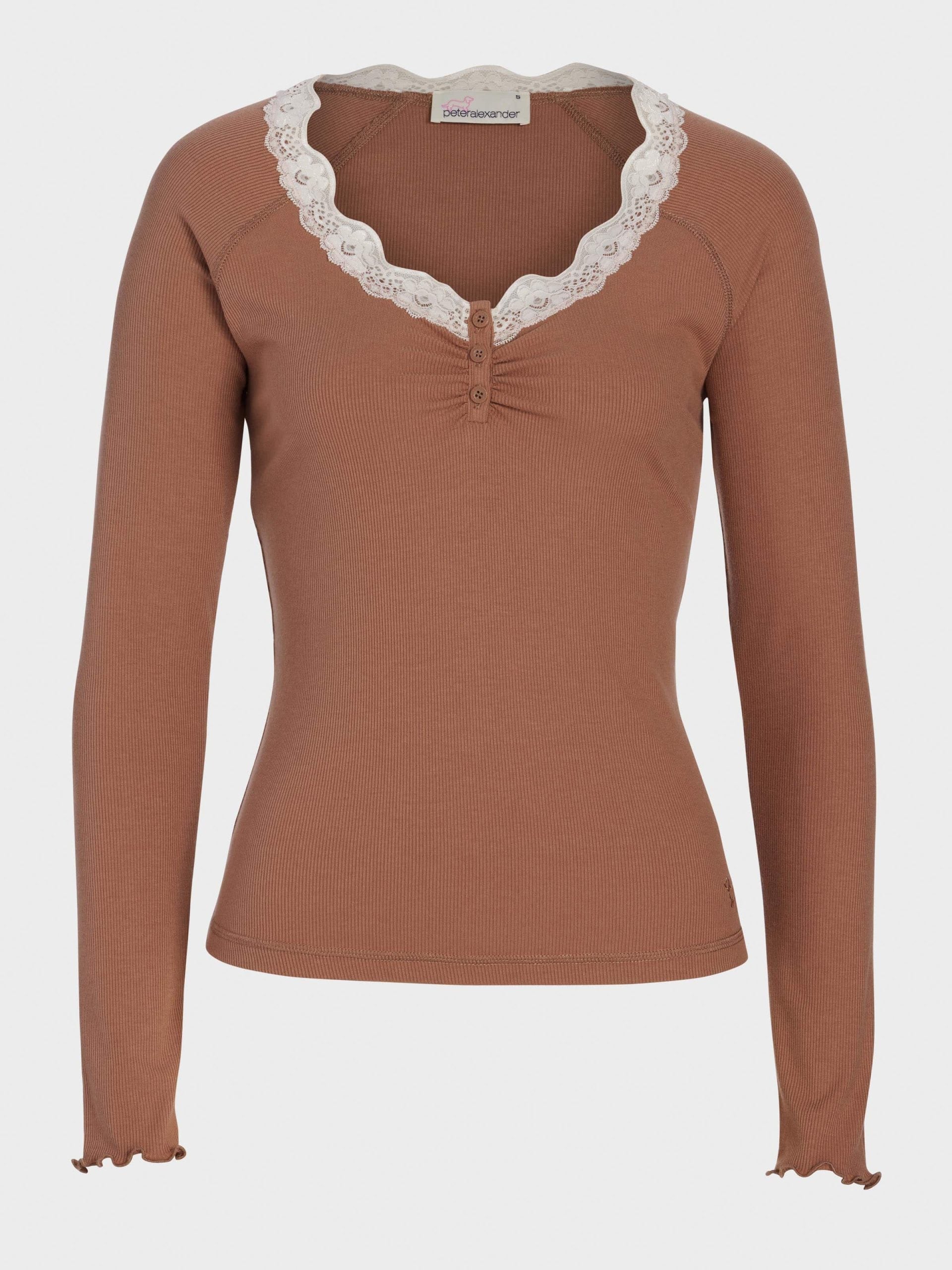 Brown Lace Trim Bamboo Rib Henley Long Sleeve Top Brown