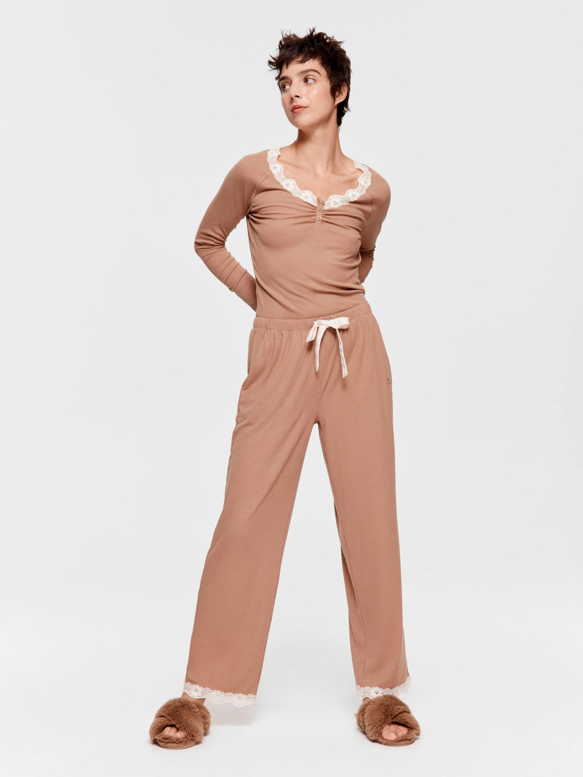 Brown Bamboo Rib Straight Leg Pj Pant Brown