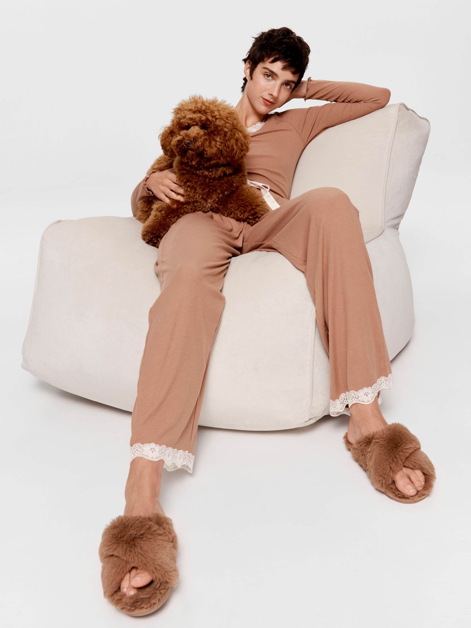 Brown Bamboo Rib Straight Leg Pj Pant Brown