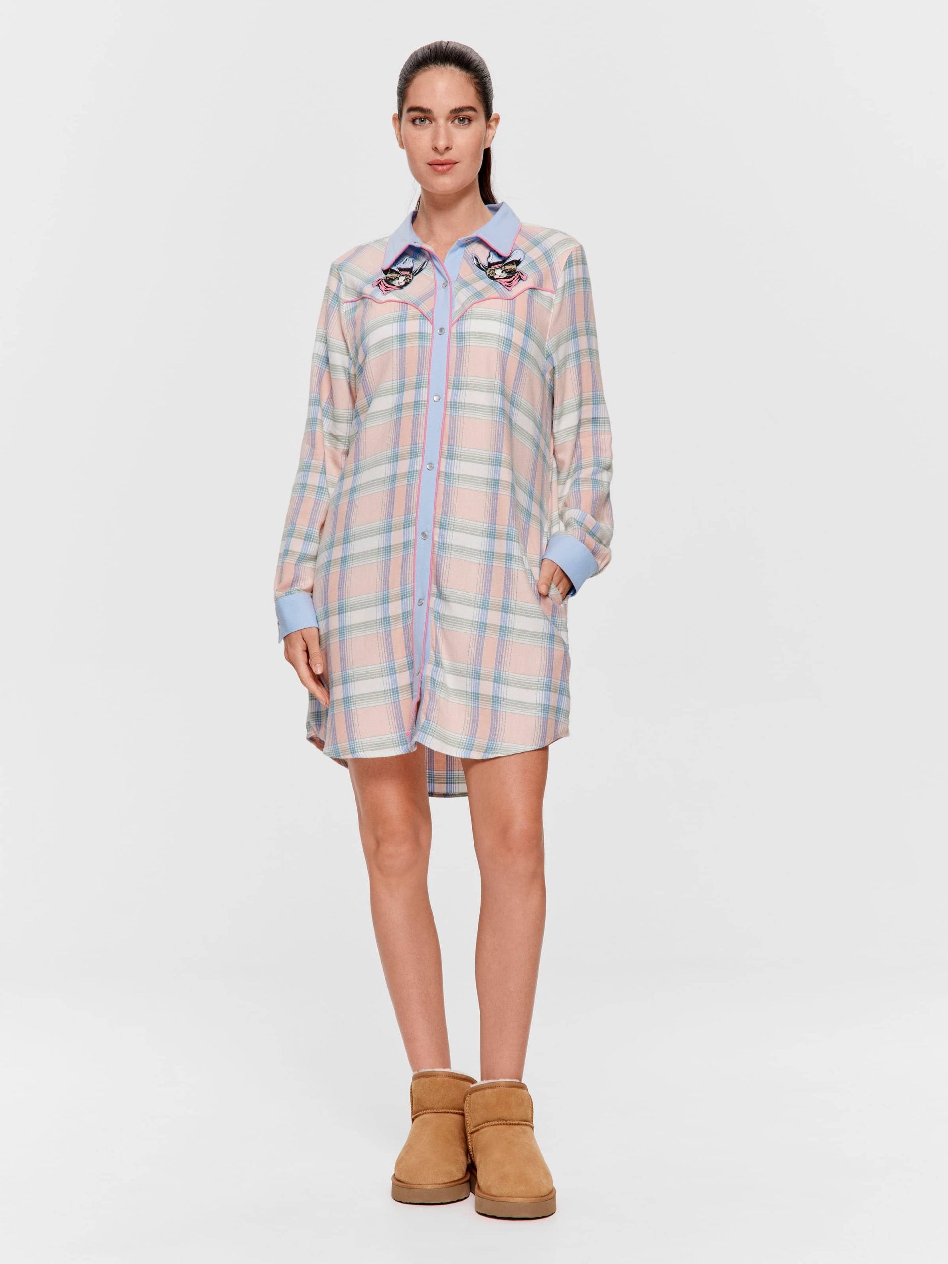 Cowboy Kitty Long Sleeve Flannelette Nightshirt Multi