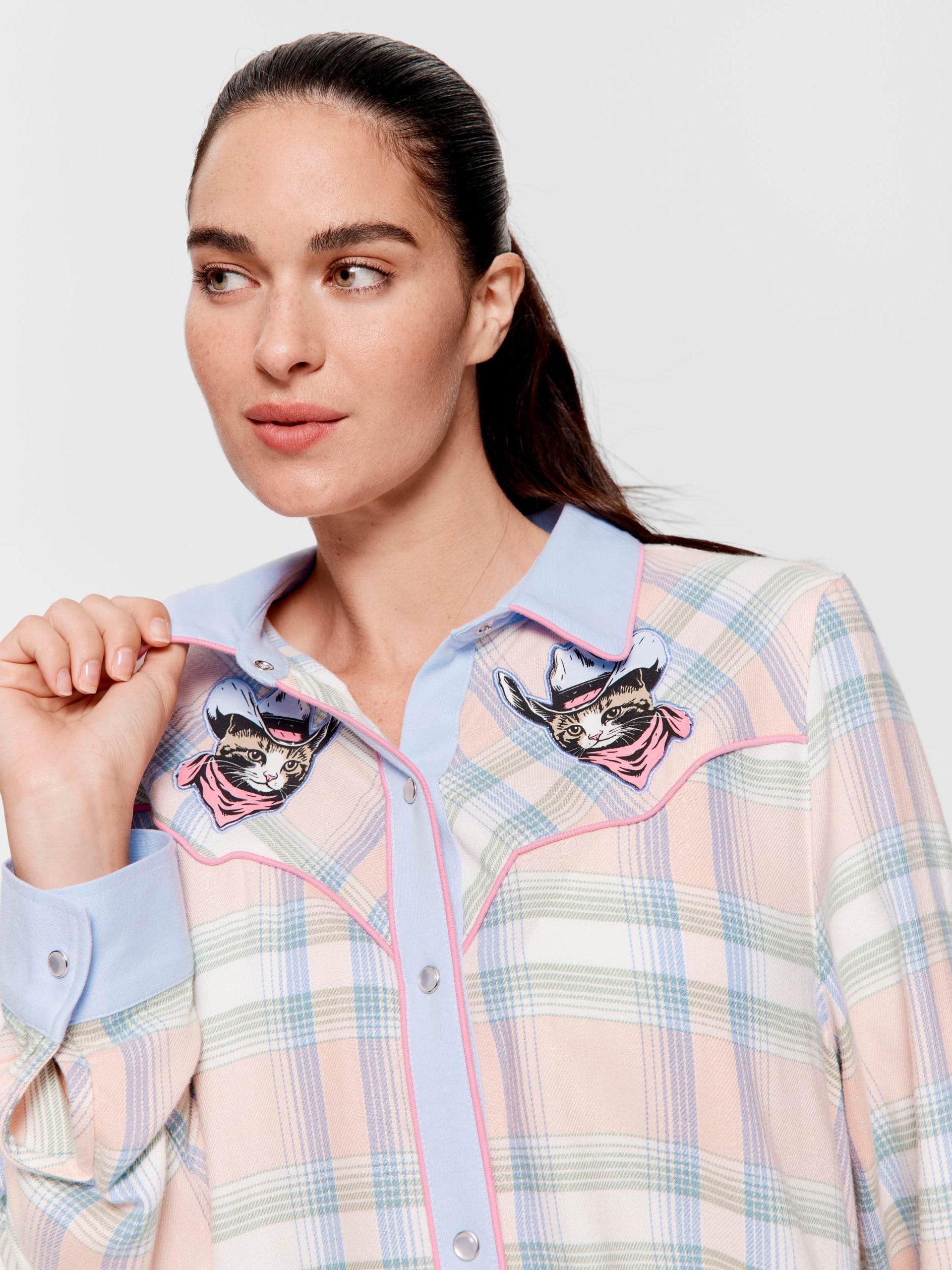 Cowboy Kitty Long Sleeve Flannelette Nightshirt Multi