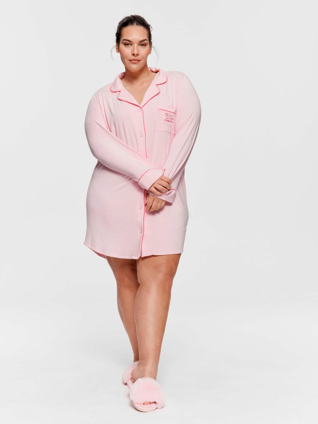 P.A. Plus Super Soft Pink Bamboo Knit Long Sleeve Nightshirt Pink