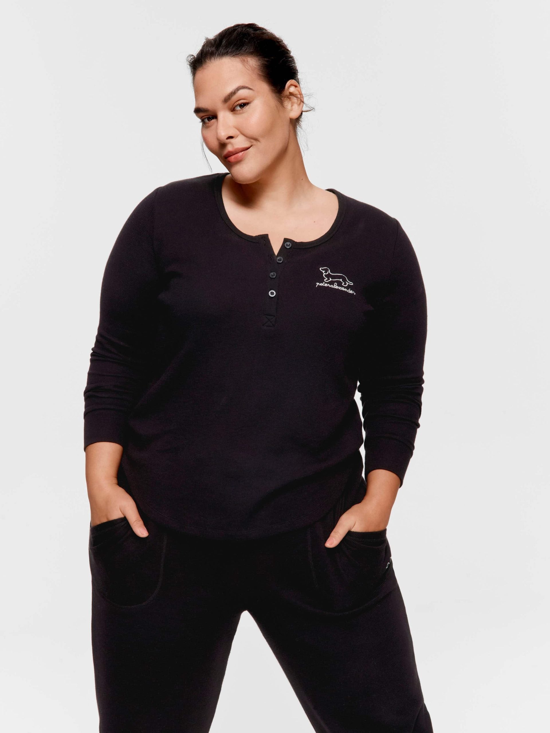 P.A. Plus Black Waffle Henley Long Sleeve Top Black