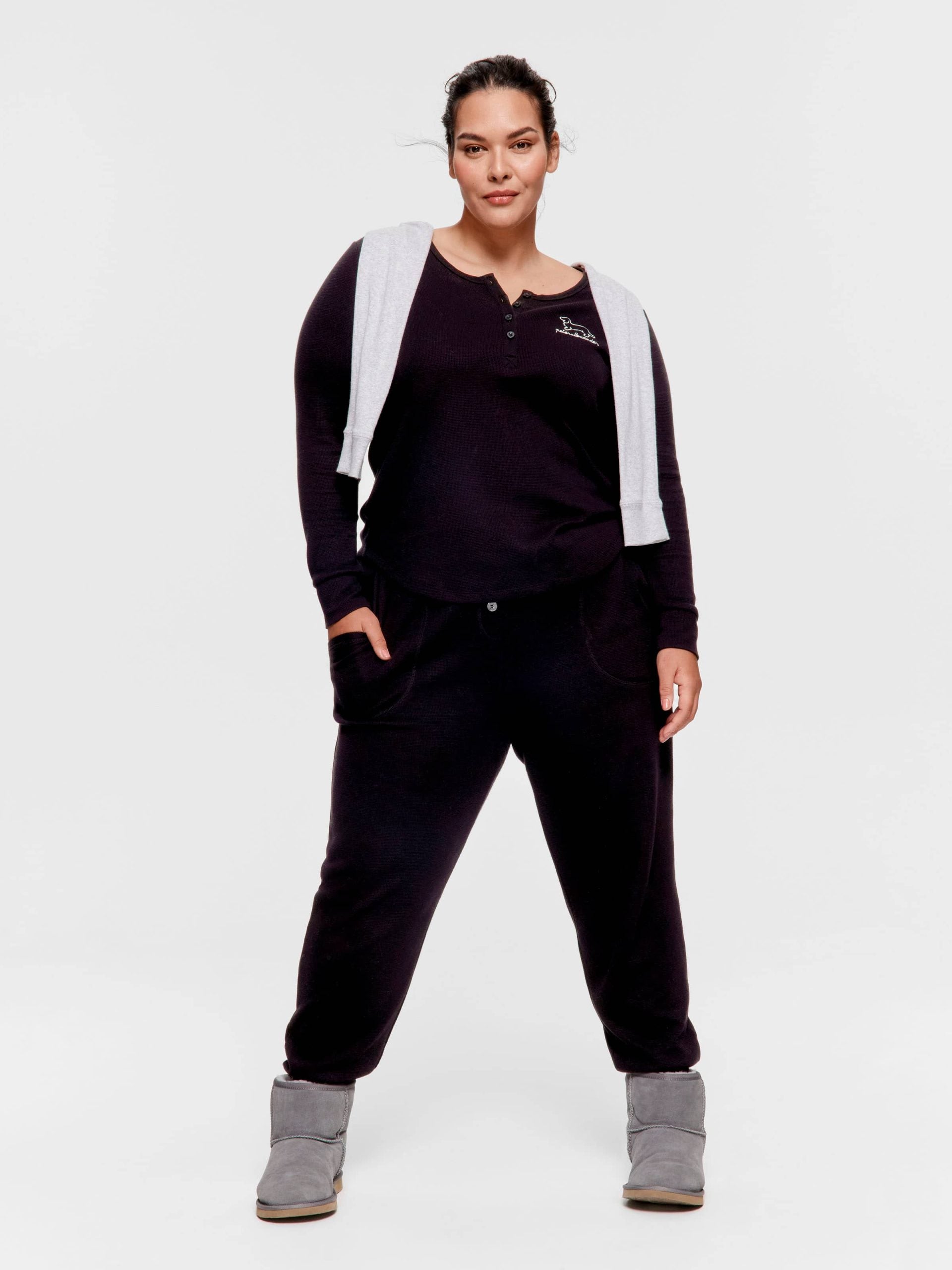 P.A. Plus Black Waffle Henley Long Sleeve Top Black