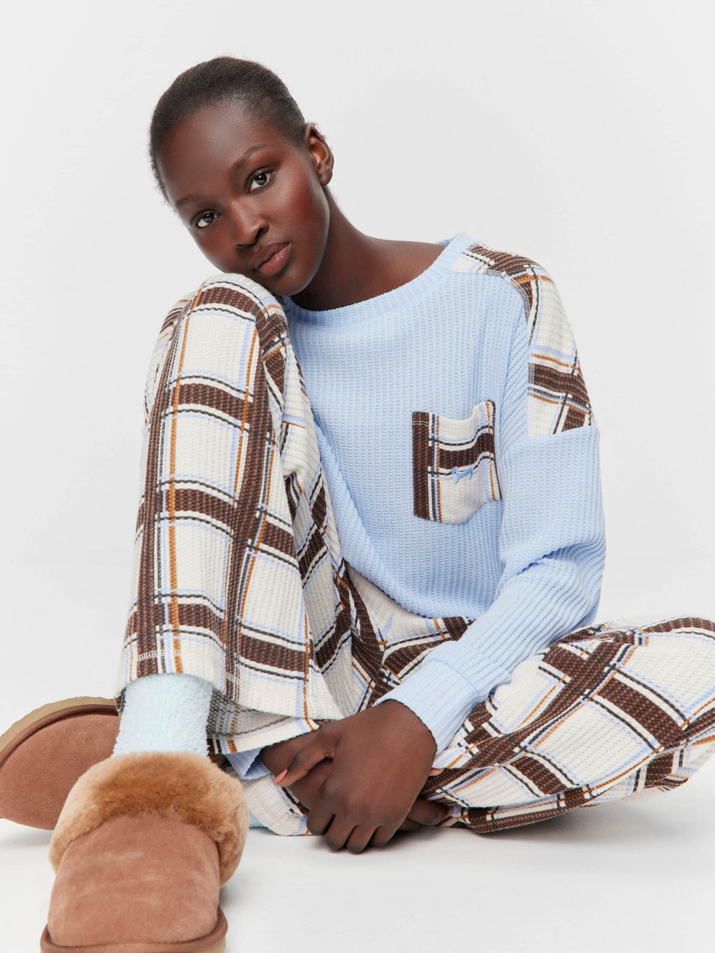 Brushed Waffle Check Wide Leg Pj Pant Multi