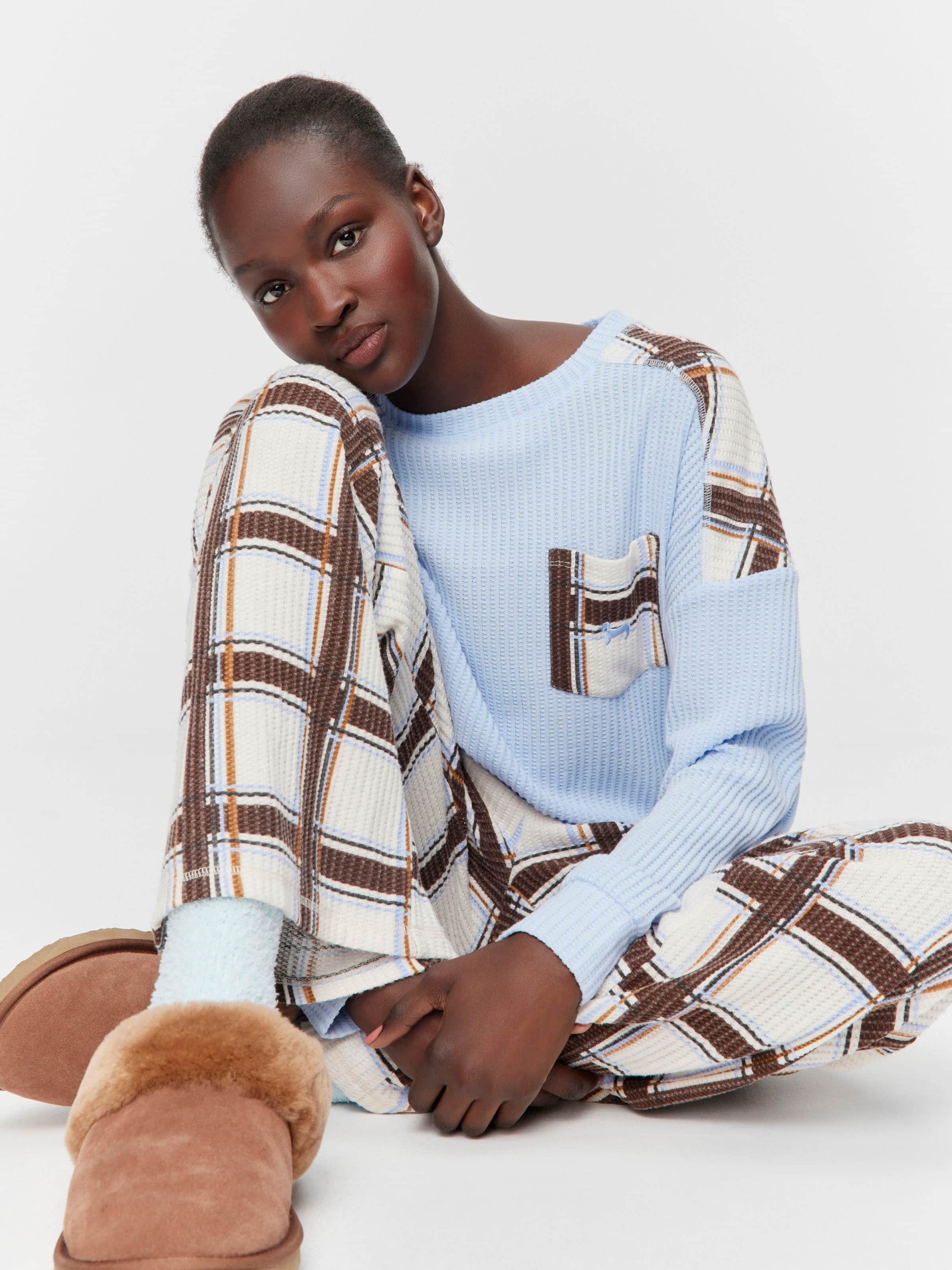 Brushed Waffle Check Wide Leg Pj Pant Multi