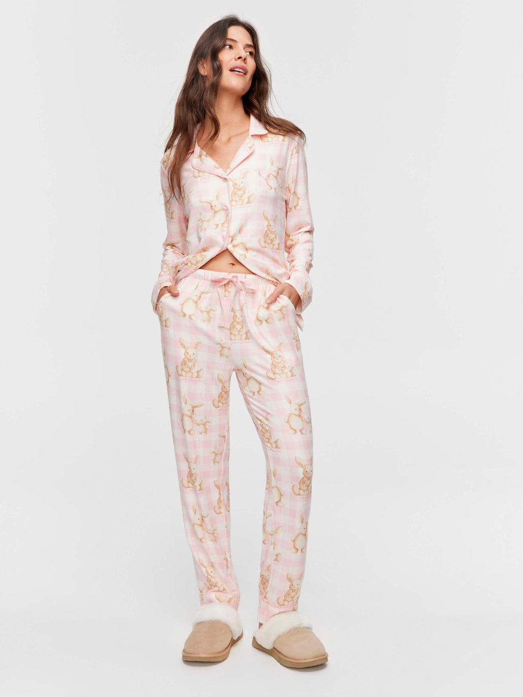 Soft Bunny Plush Long Classic Pj Set multi