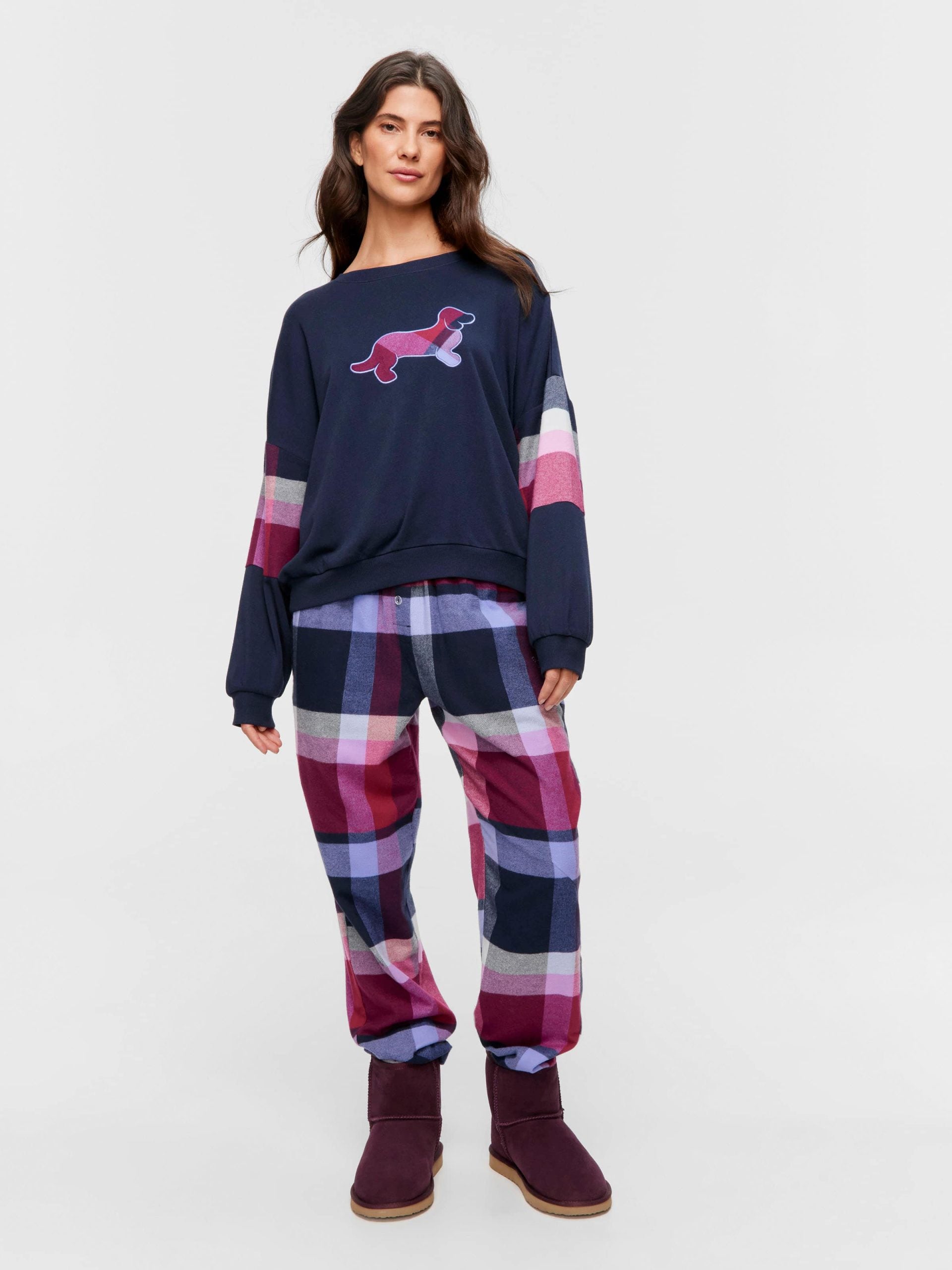 Penny Logo Check Fleece Sweater navy