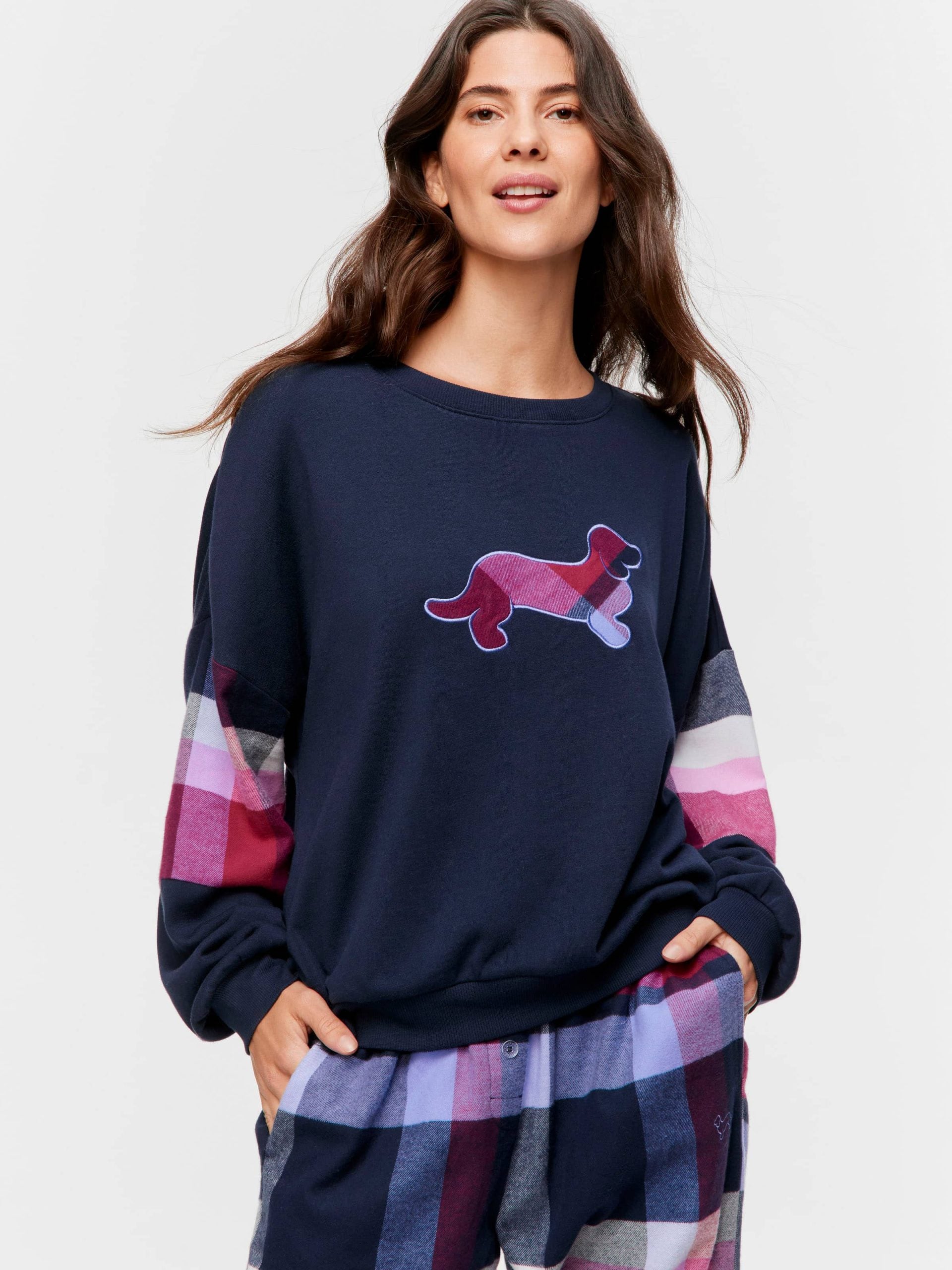 Penny Logo Check Fleece Sweater navy