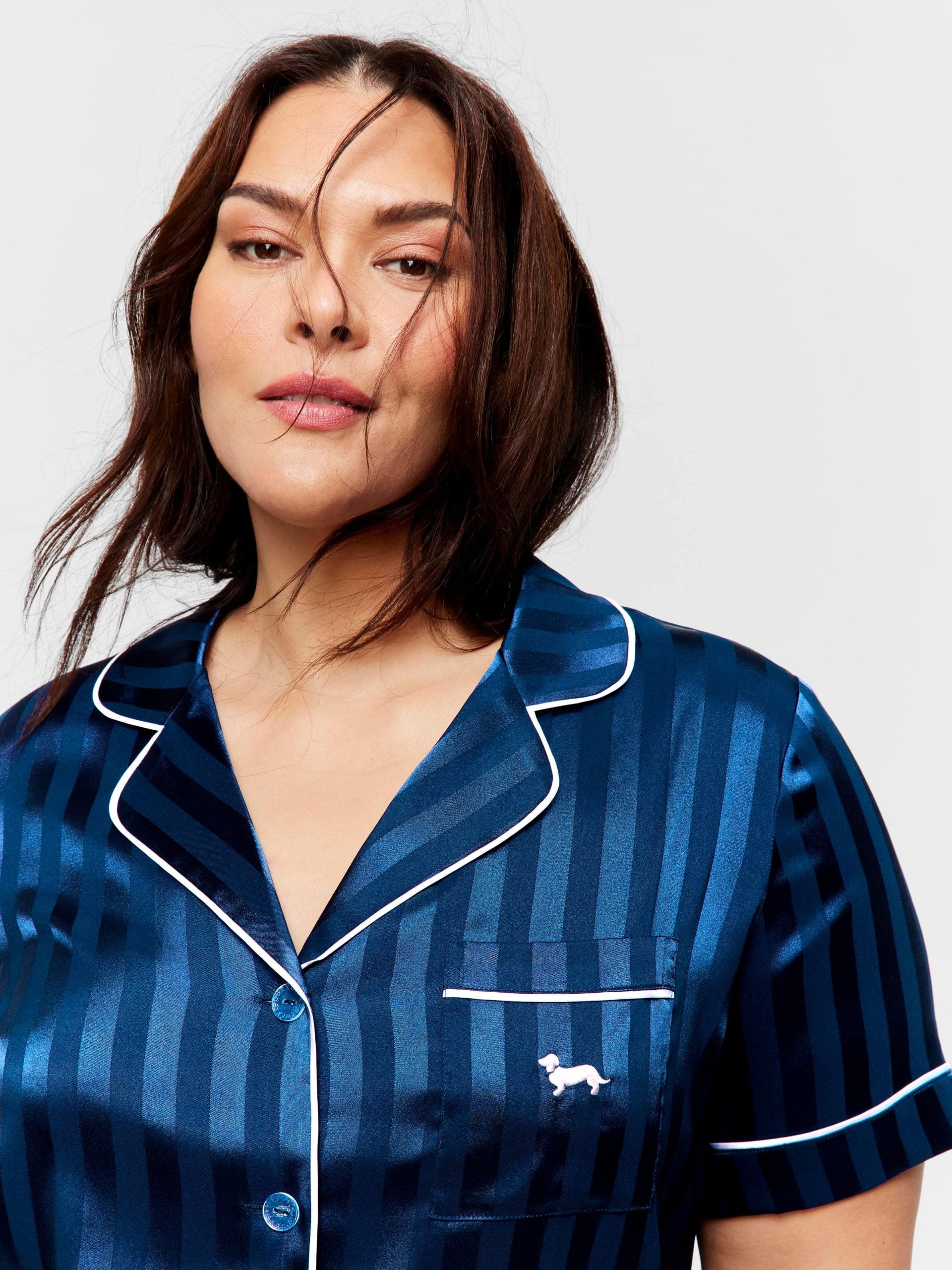 P.A. Plus Navy Stripe Short Sleeve Satin Nightshirt Navy