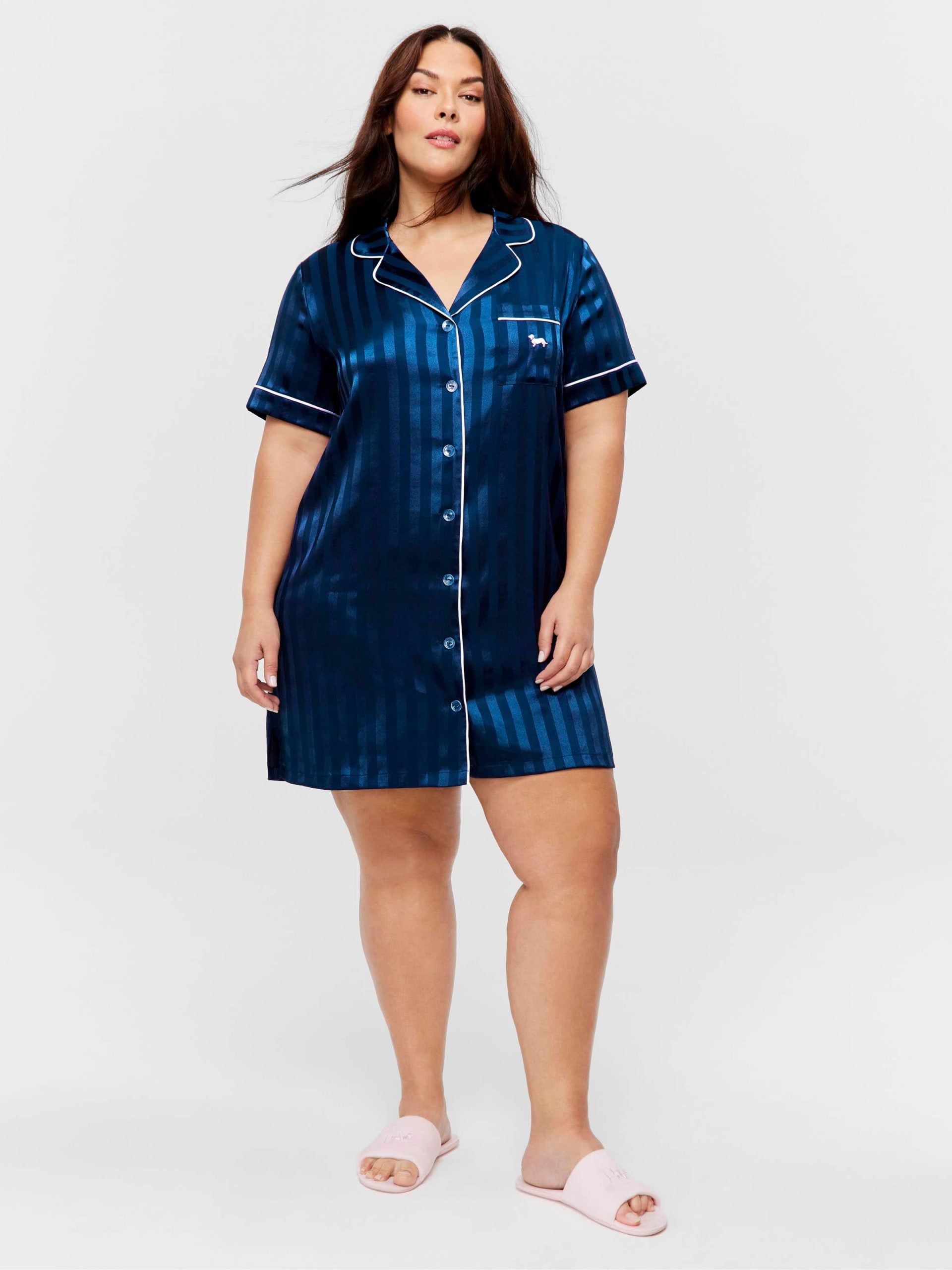 P.A. Plus Navy Stripe Short Sleeve Satin Nightshirt Navy