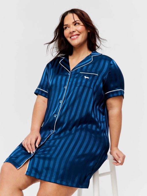 P.A. Plus Navy Stripe Short Sleeve Satin Nightshirt Navy