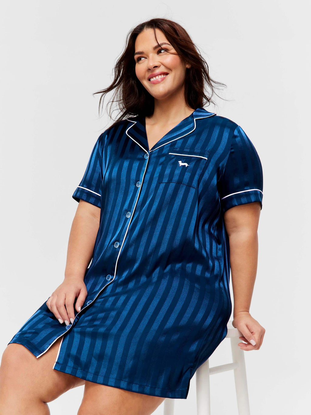 P.A. Plus Navy Stripe Short Sleeve Satin Nightshirt Navy