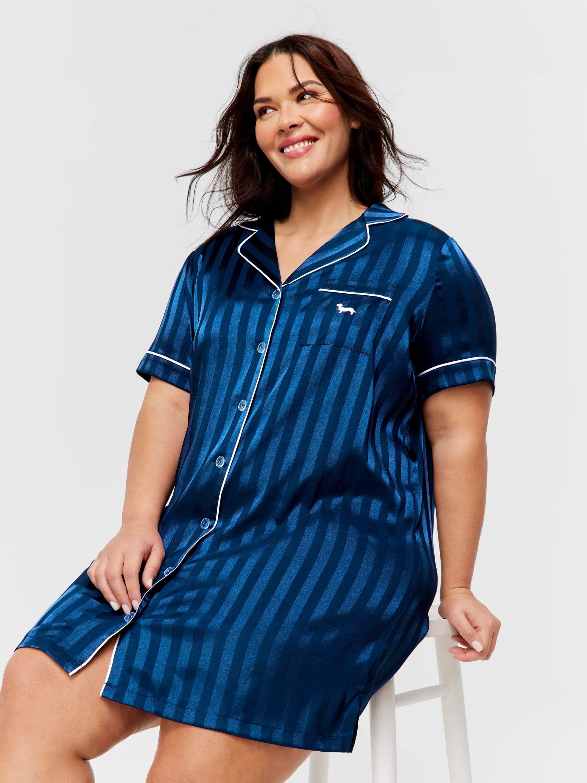 P.A. Plus Navy Stripe Short Sleeve Satin Nightshirt Navy