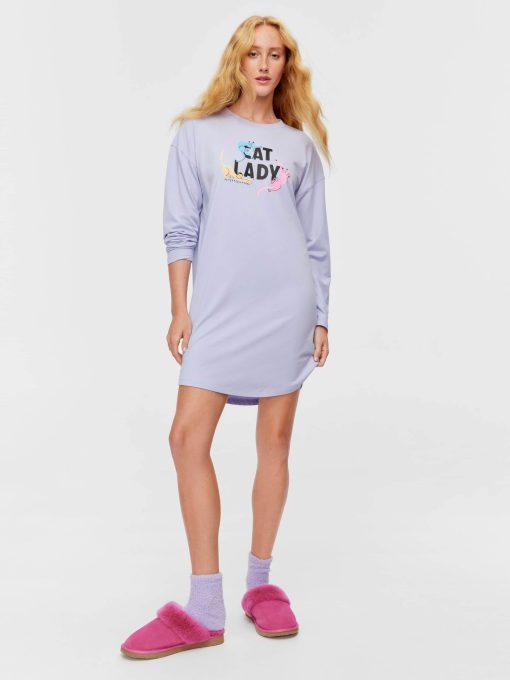 Lilac Cat Lady Long Sleeve Nightie multi