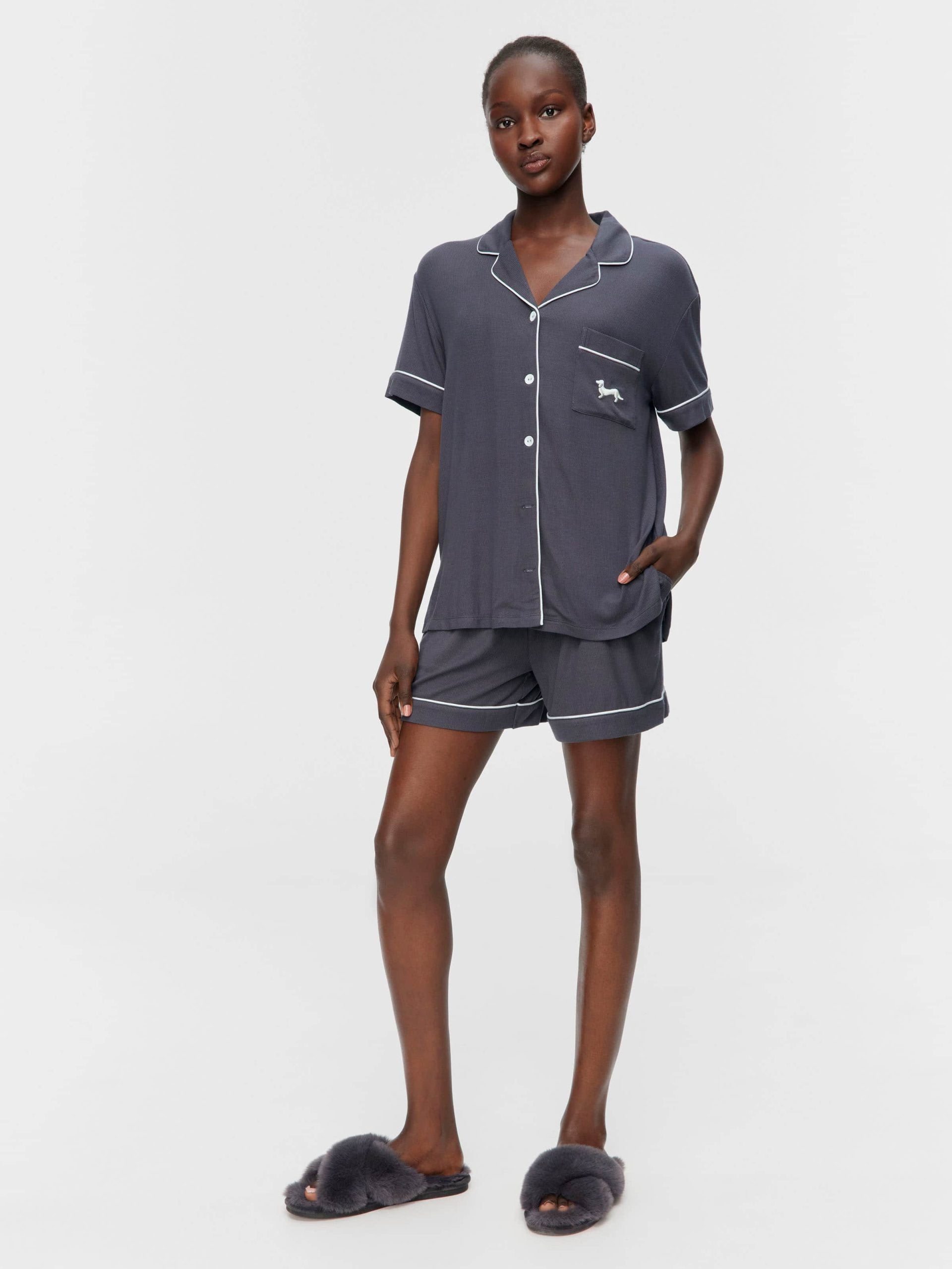 Charcoal Bamboo Rib Shortie Pj Set Charcoal
