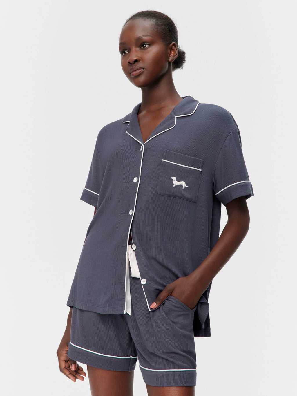 Charcoal Bamboo Rib Shortie Pj Set Charcoal