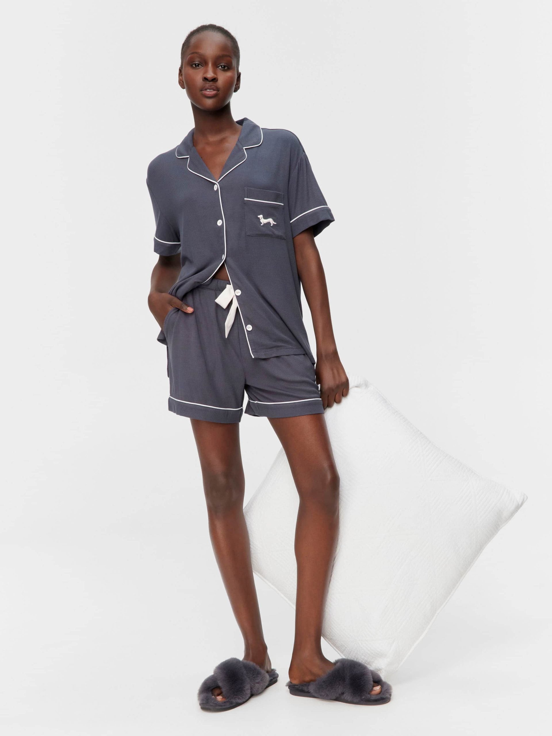 Charcoal Bamboo Rib Shortie Pj Set Charcoal