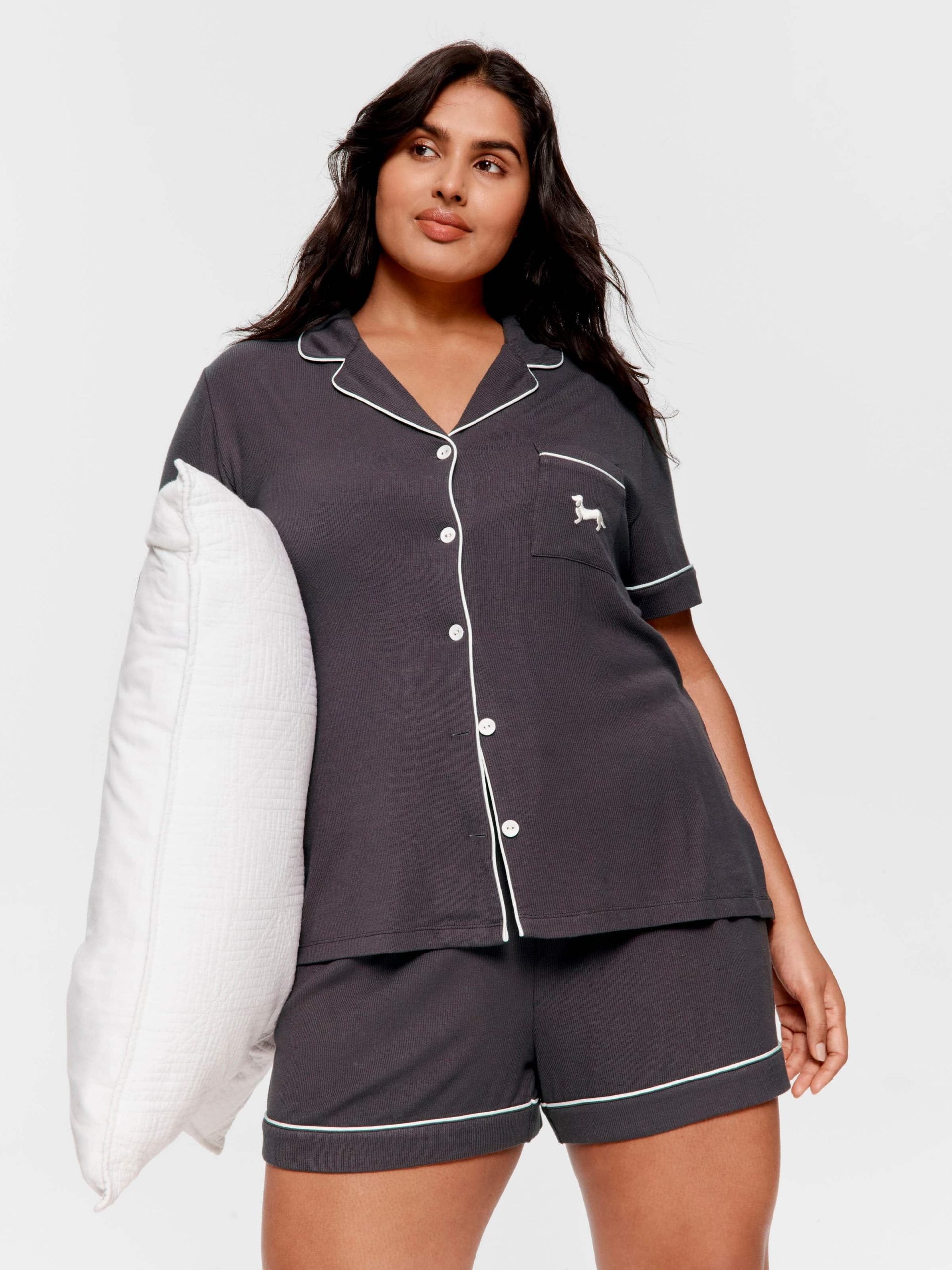 P.A. Plus Charcoal Bamboo Rib Shortie Pj Set Charcoal