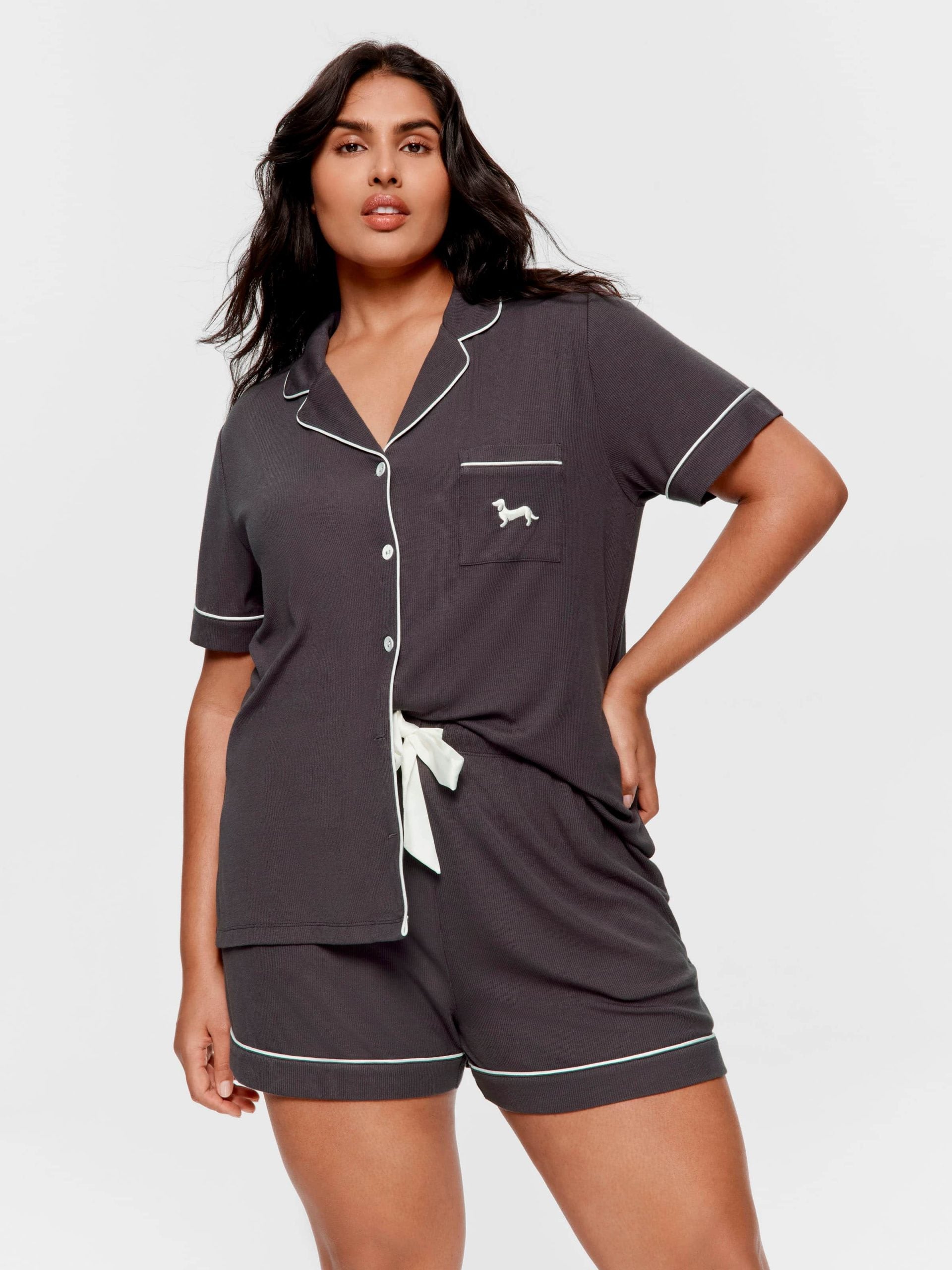 P.A. Plus Charcoal Bamboo Rib Shortie Pj Set Charcoal