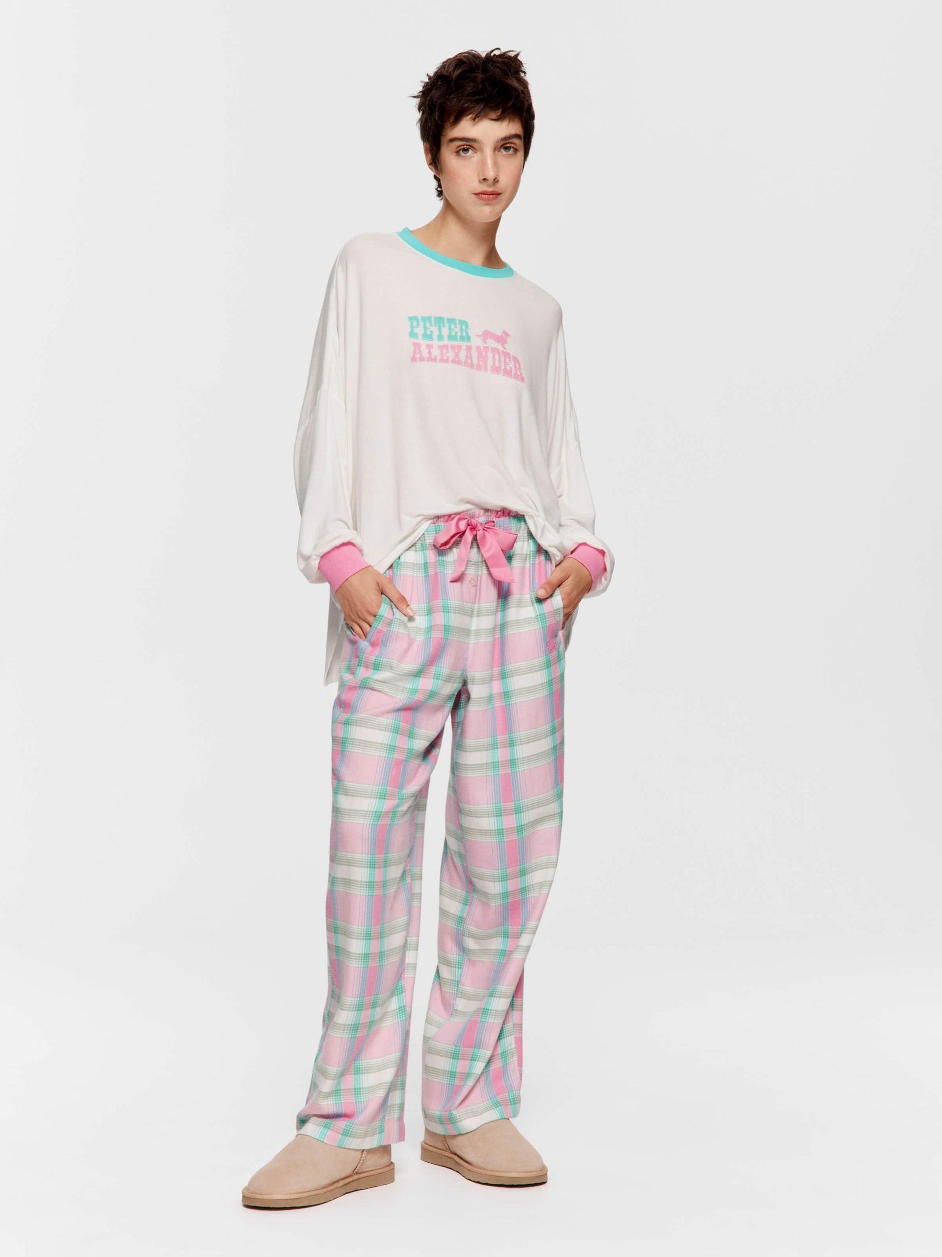 Pink Check Wide Leg Bamboo Flannelette Pj Pant Multi