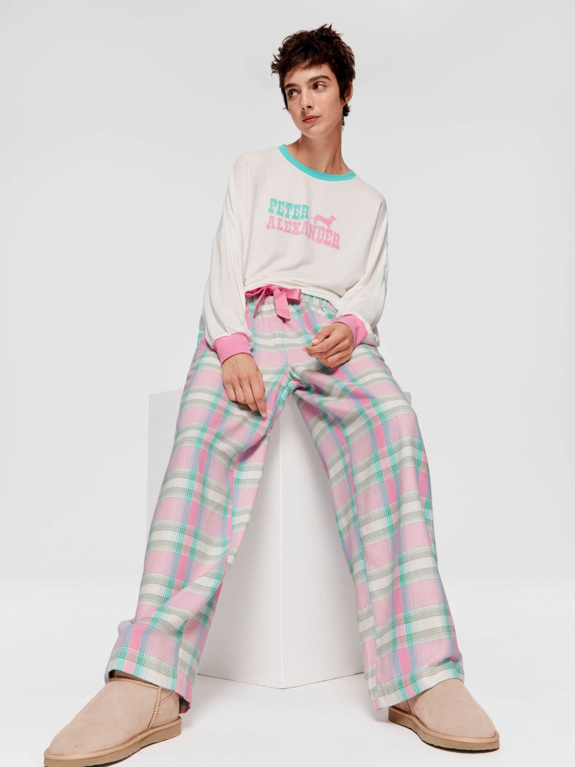 Pink Check Wide Leg Bamboo Flannelette Pj Pant Multi