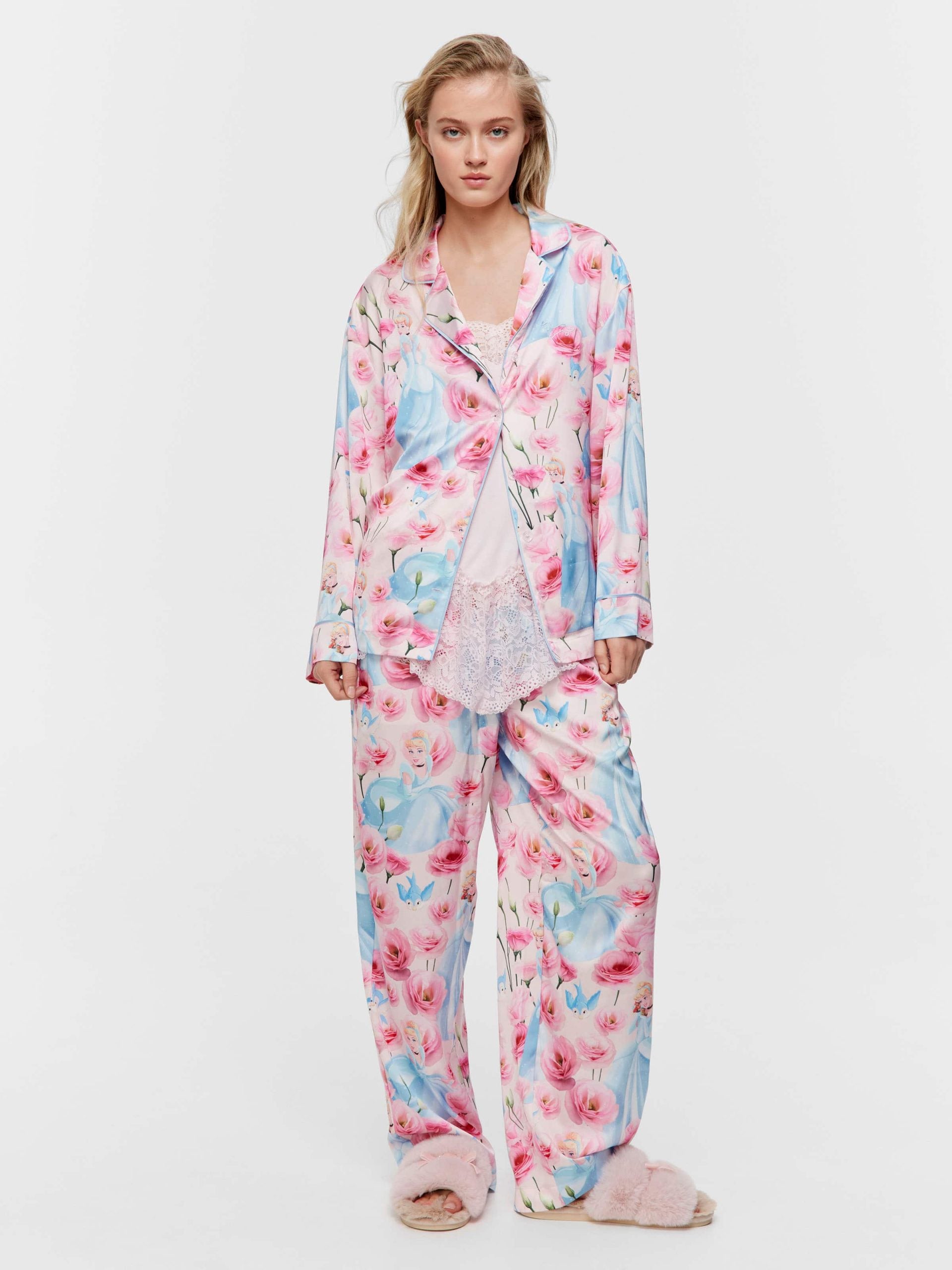 Disney Cinderella Rose Satin Long Pj Set Multi