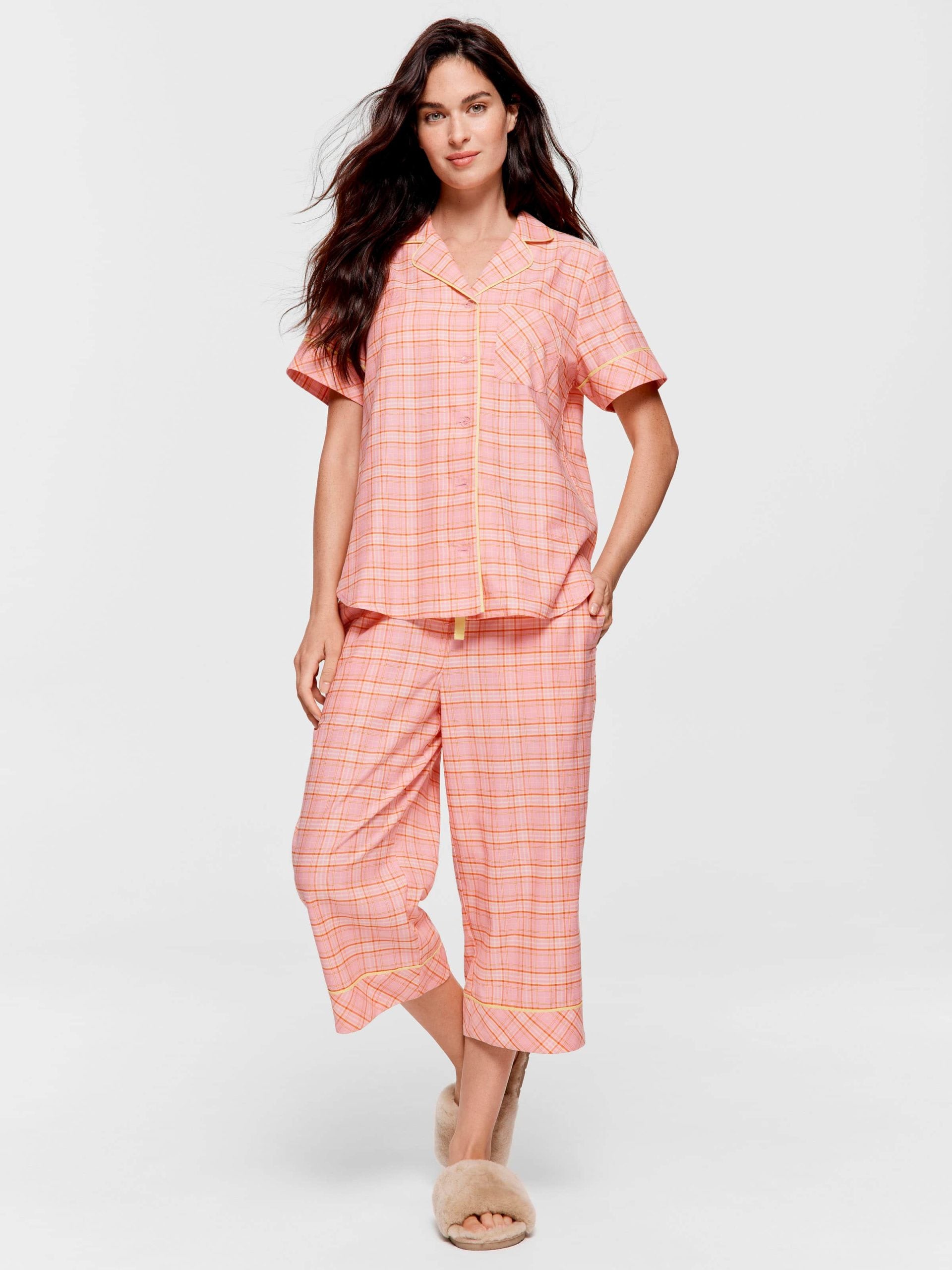 Pink &amp; Yellow Check 100% Cotton 3/4 Pj Set Multi