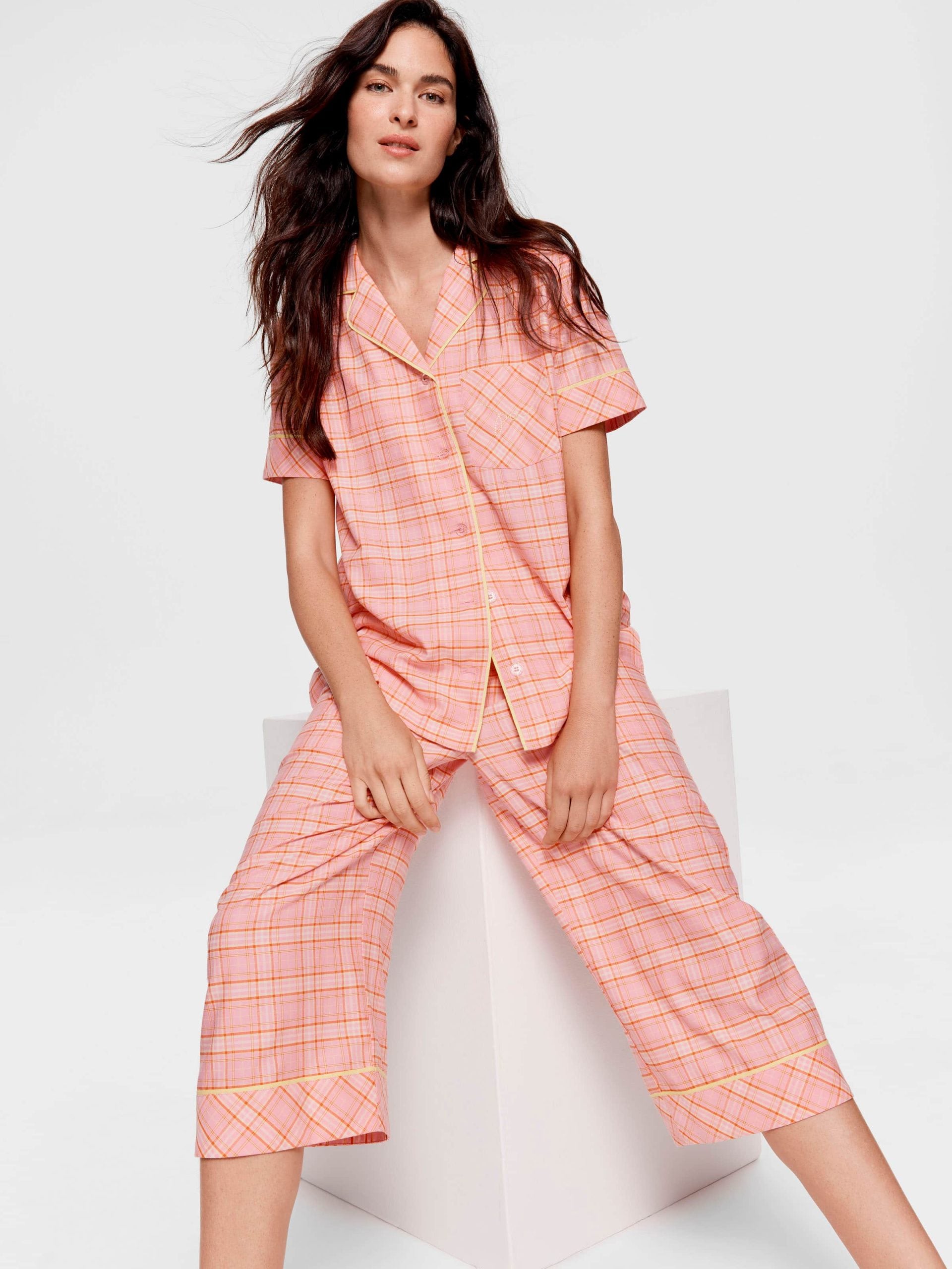 Pink &amp; Yellow Check 100% Cotton 3/4 Pj Set Multi