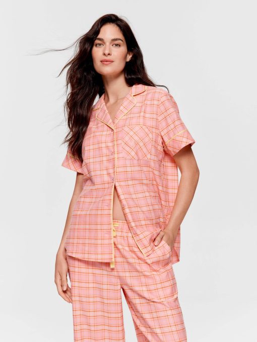 Pink &amp; Yellow Check 100% Cotton 3/4 Pj Set Multi