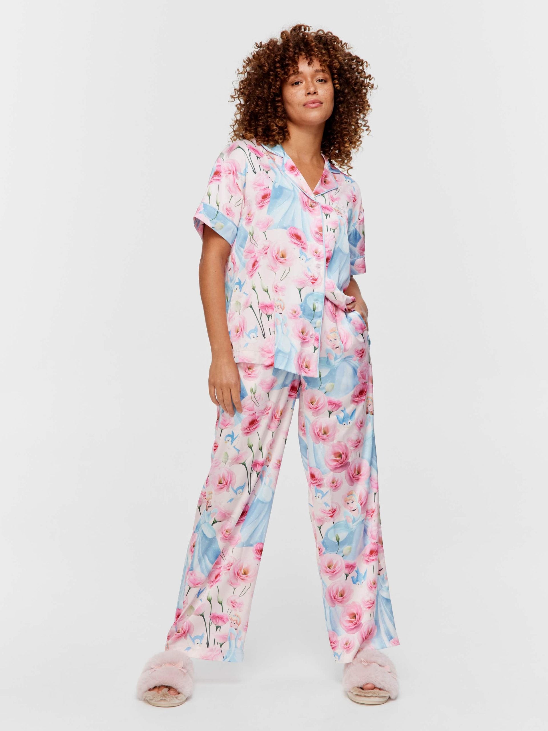 Disney Cinderella Rose Satin Short Sleeve &amp; Pant Pj Set Multi